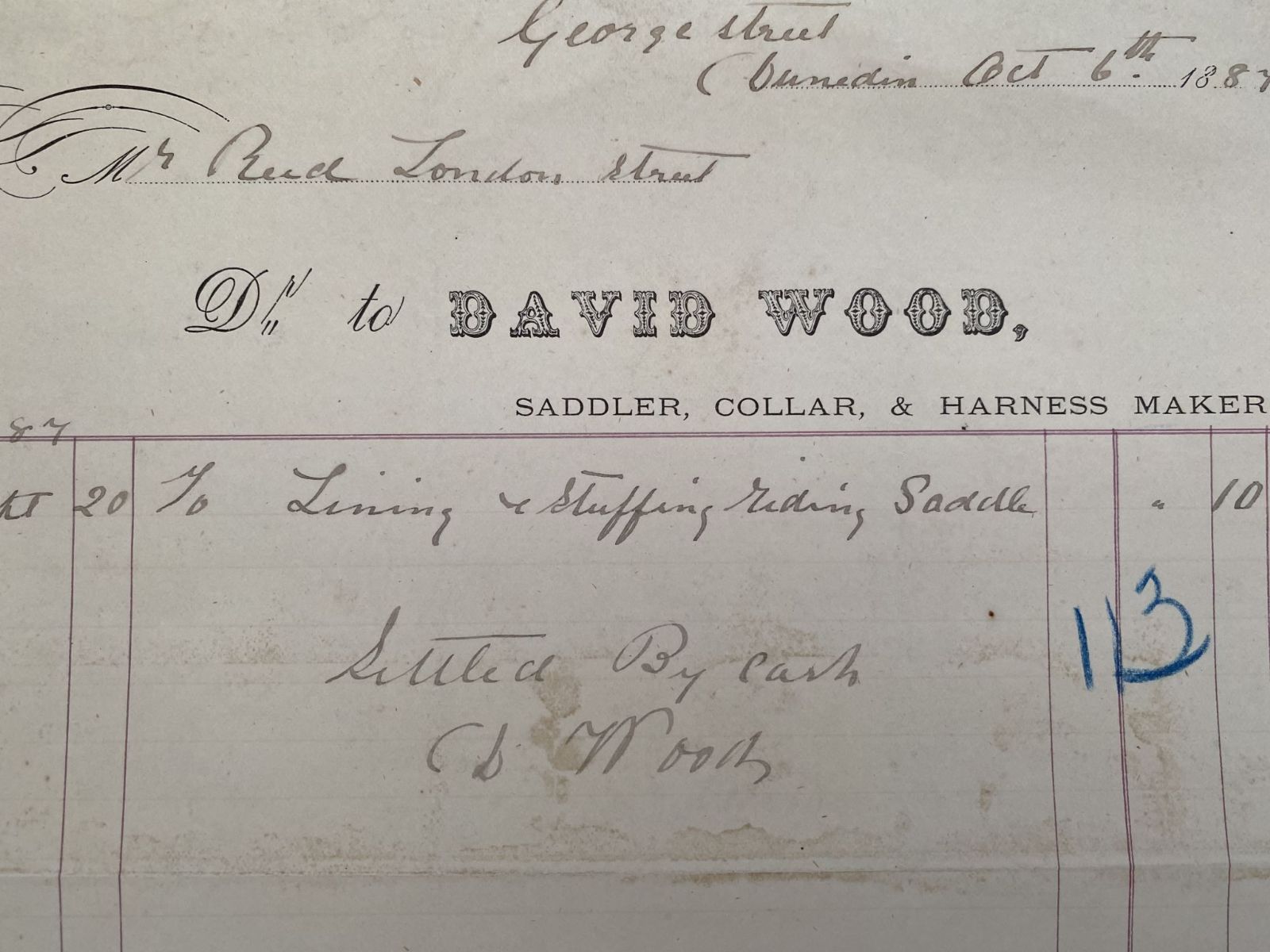 ANTIQUE INVOICE / RECEIPT: David Wood, Dunedin 1887