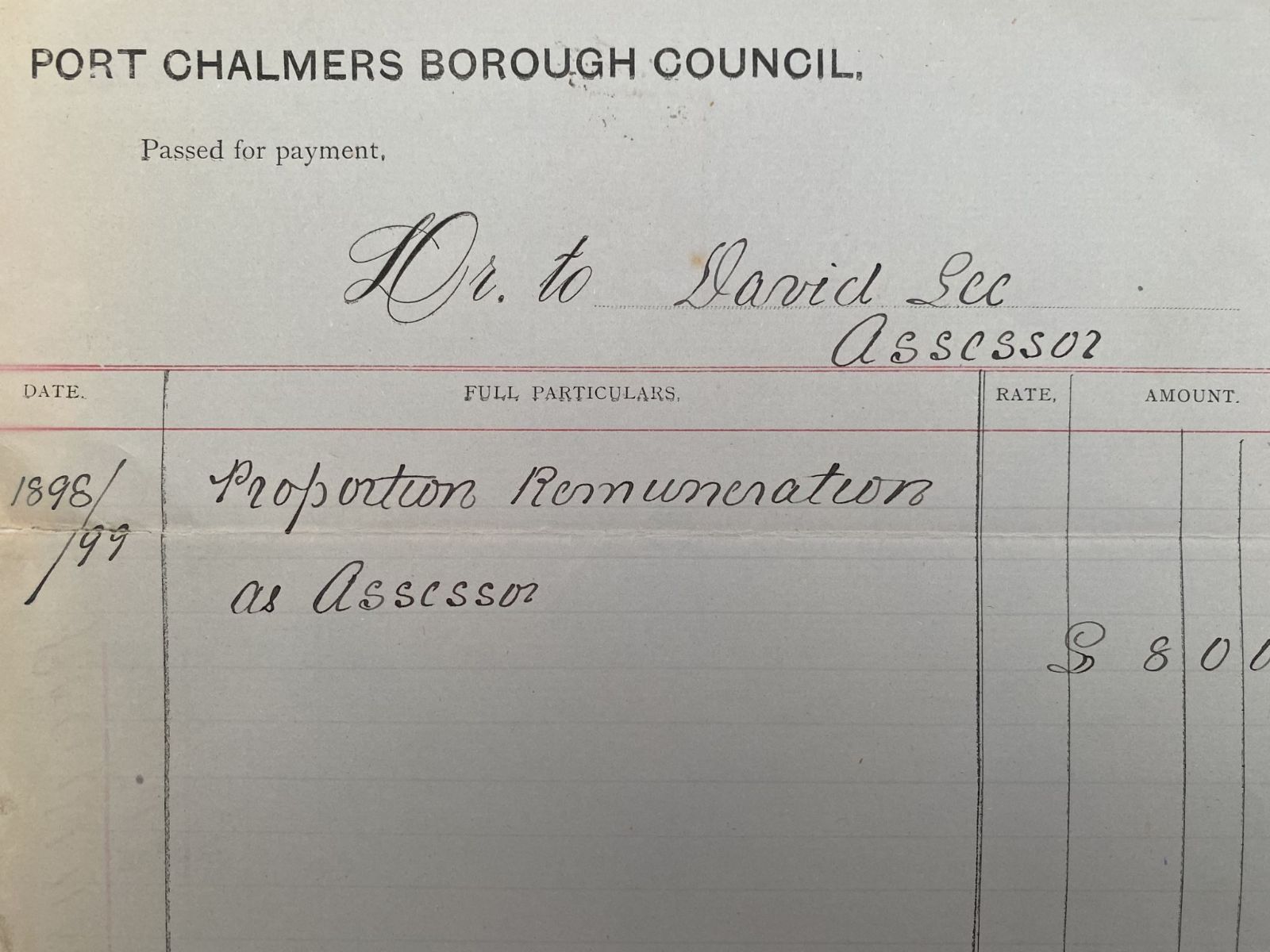 ANTIQUE INVOICE / RECEIPT: Port Chalmers Borough Council 1898
