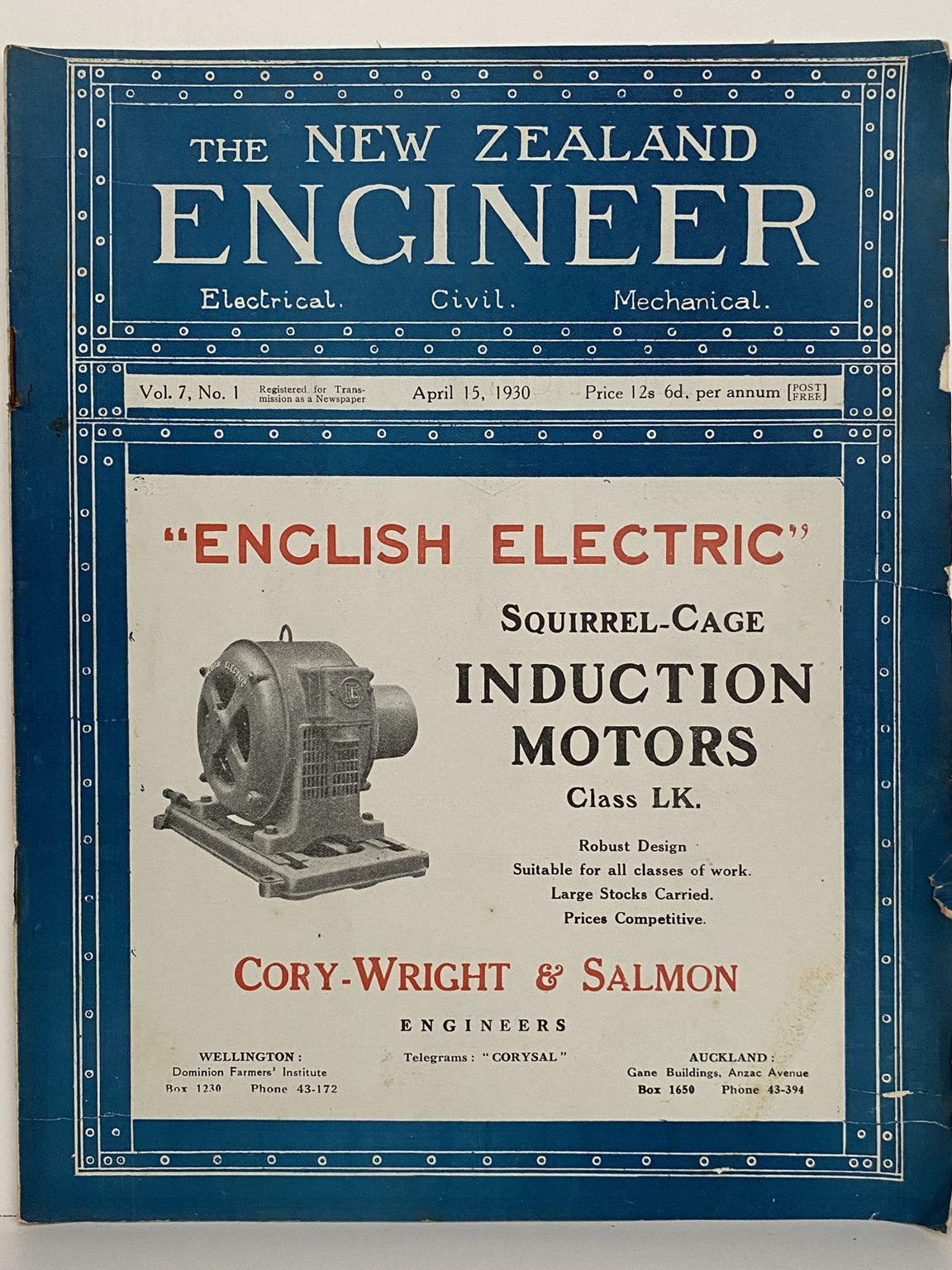 OLD MAGAZINE: The New Zealand Engineer Vol. 7, No. 1 - 15 April 1930