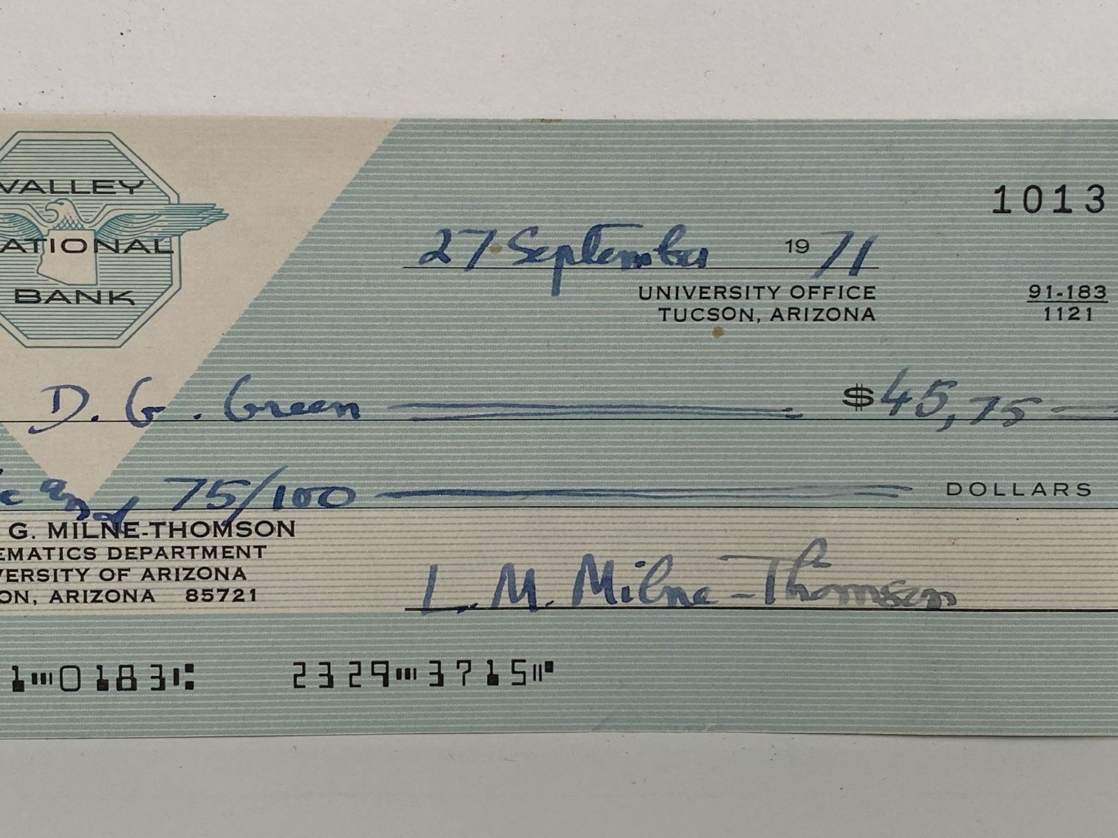 OLD BANKING MEMORABILIA: Bank cheque from Valley National Bank, Arizona 1971
