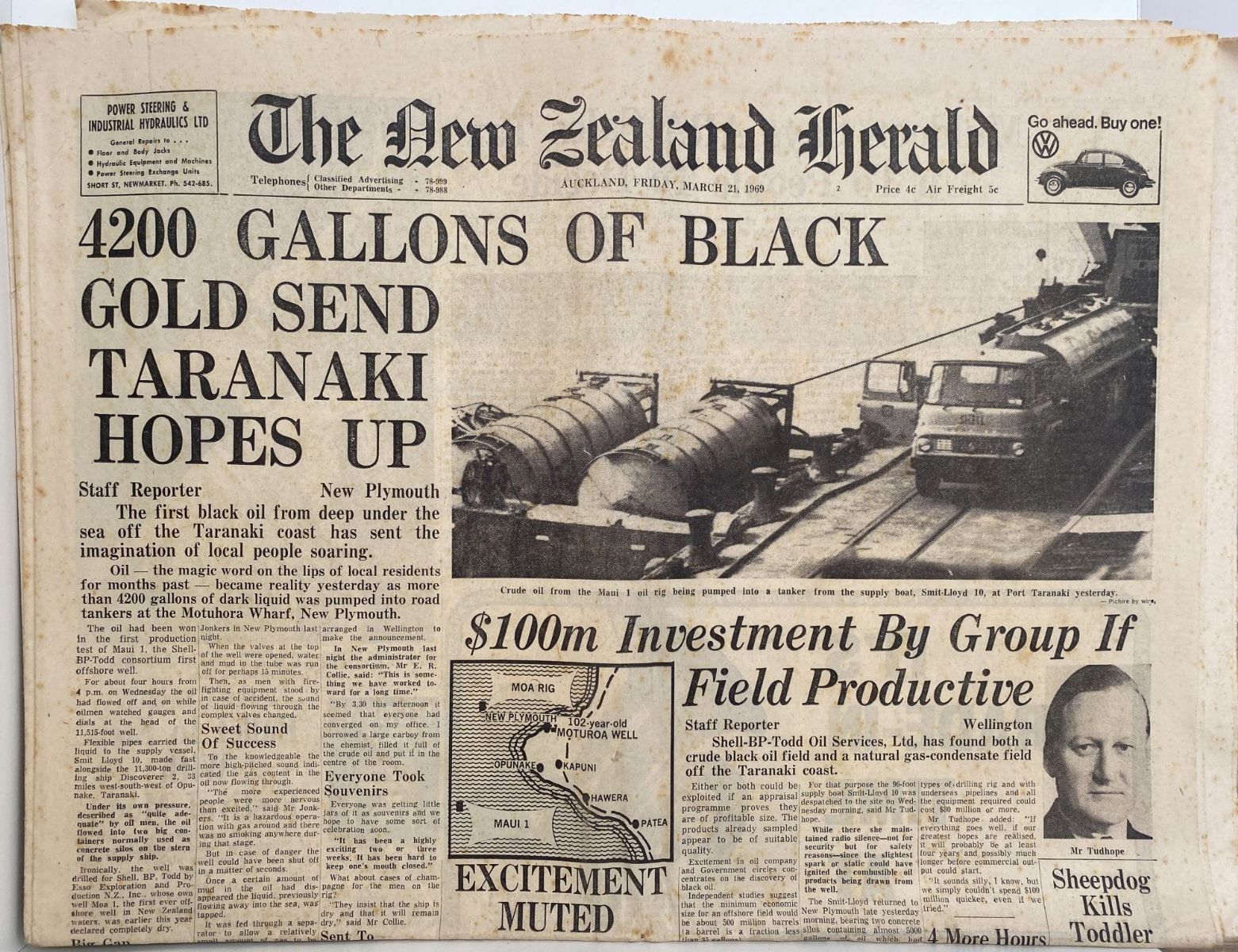 OLD NEWSPAPER: The New Zealand Herald, 21st March 1969 - Taranaki Oil Rigs