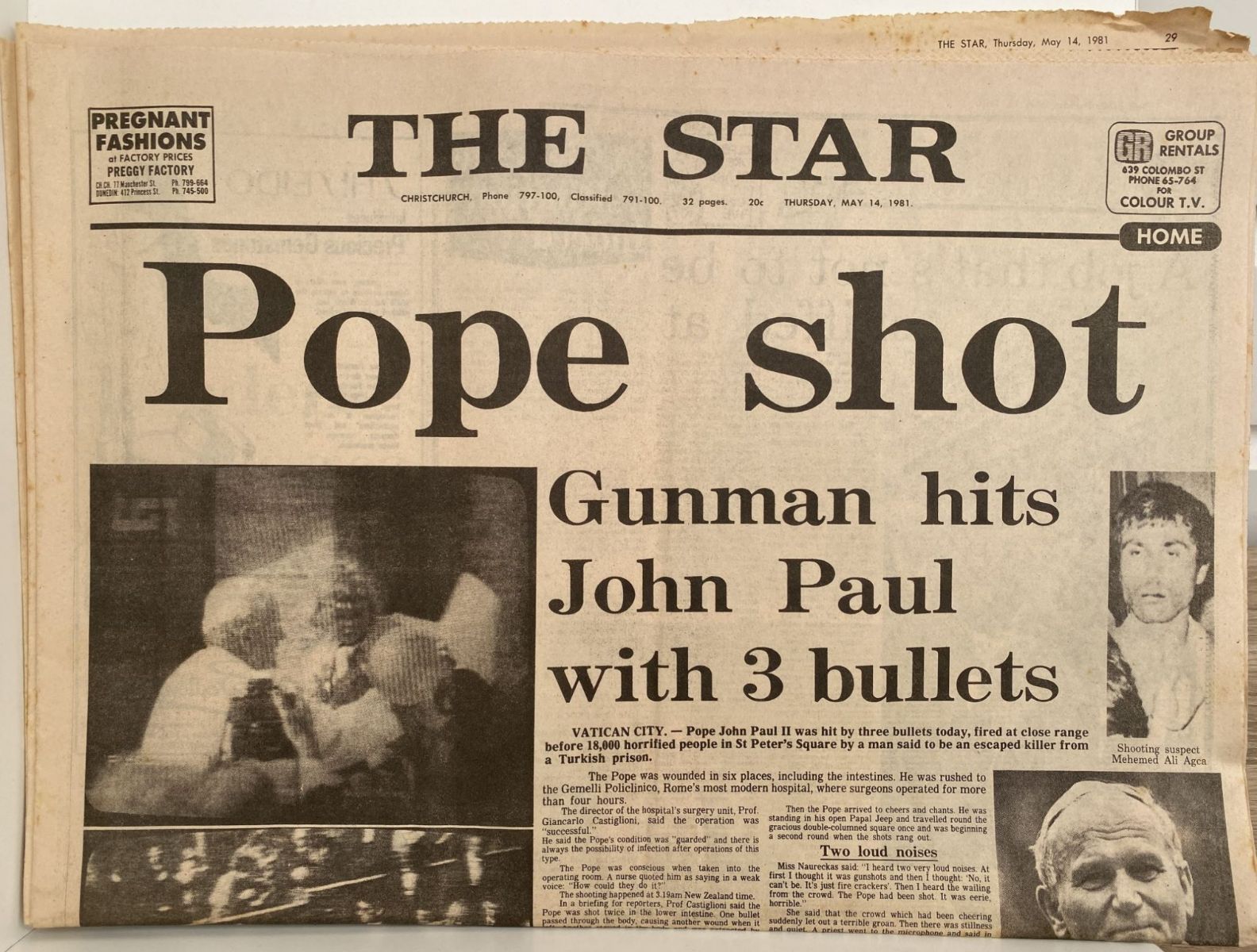 OLD NEWSPAPER: The Christchurch Star, 14th May 1981 - Pope John Paul shot