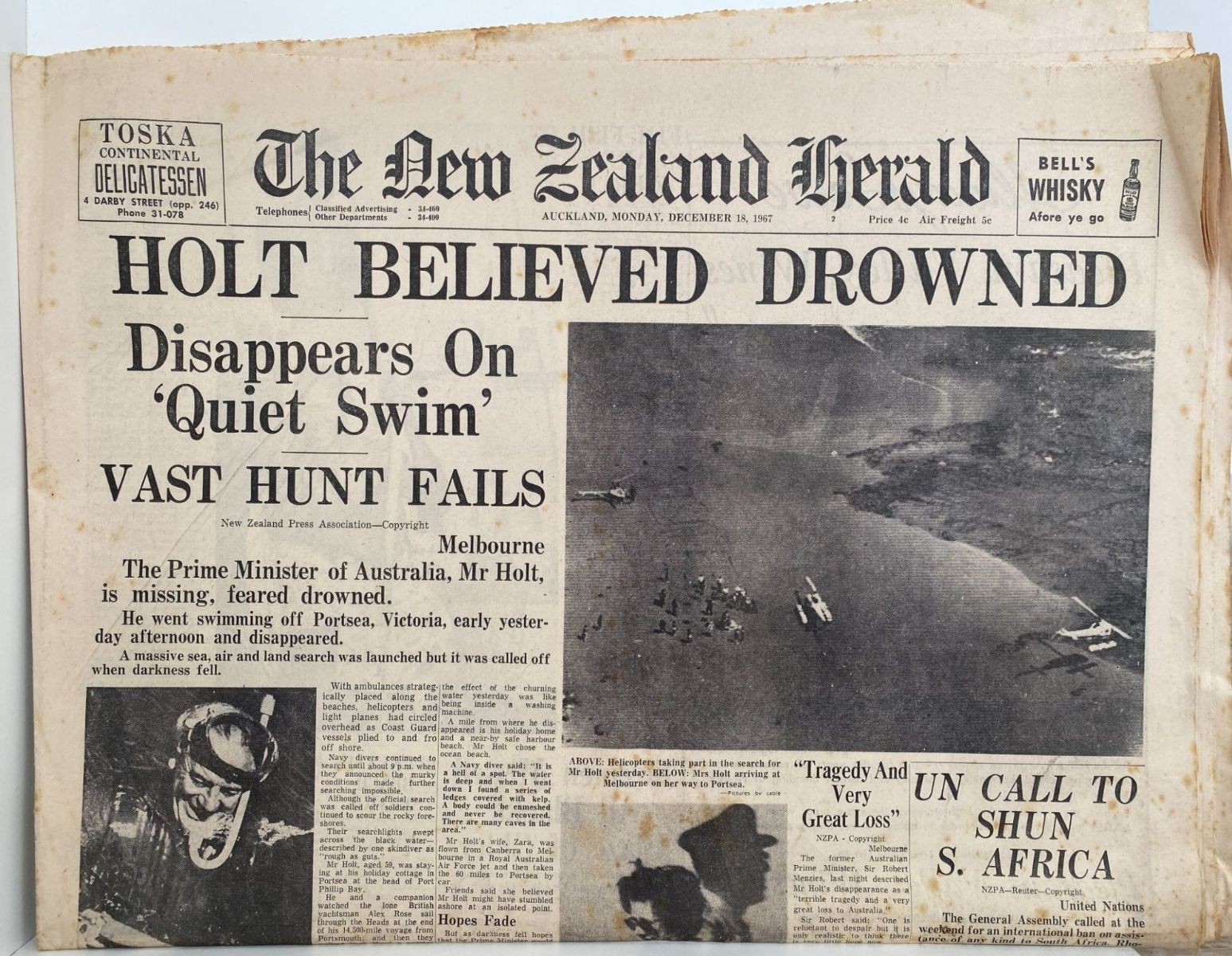 OLD NEWSPAPER: The New Zealand Herald, 18th December 1967 - Australian PM death