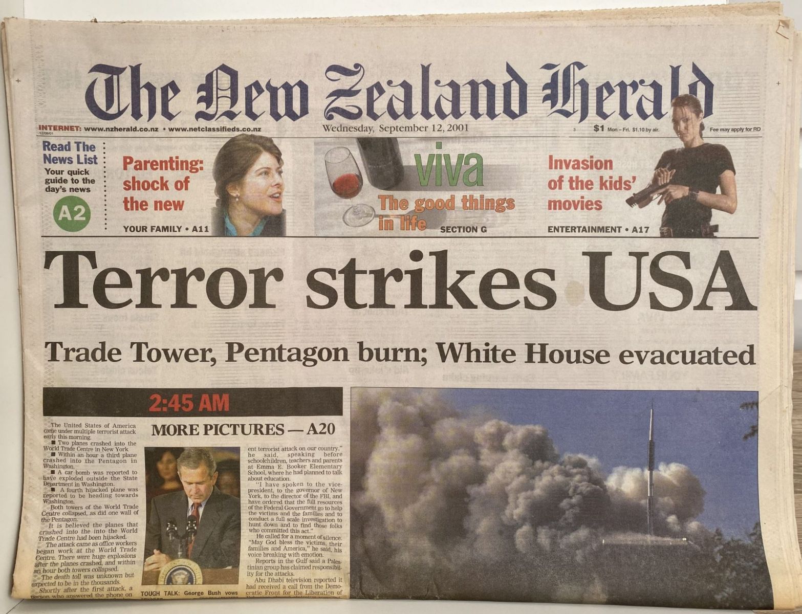 OLD NEWSPAPER: The New Zealand Herald, 12 September 2001 - 9/11 Terror Attacks