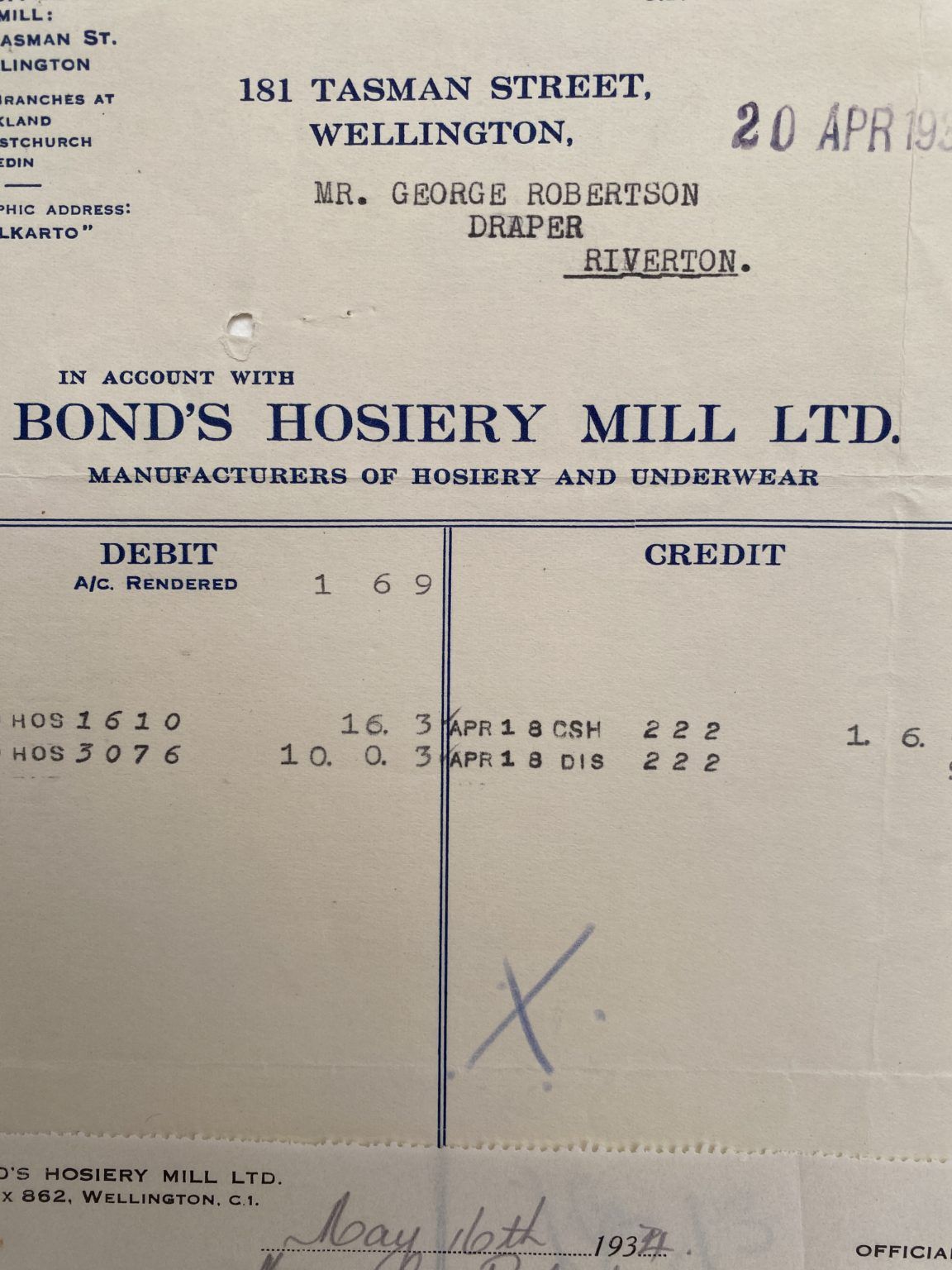 VINTAGE INVOICE / RECEIPT: Bond’s Hosiery Mill Ltd, Wellington - Hosiery 1934