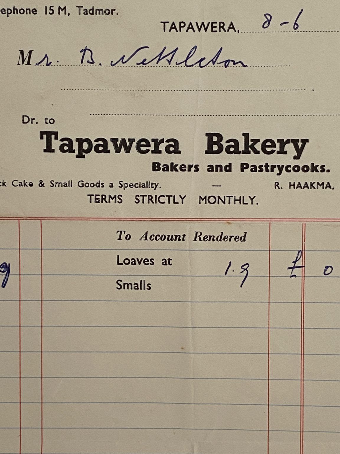 VINTAGE INVOICE: Tapawera Bakery - Bakers and Pastrycooks 1961