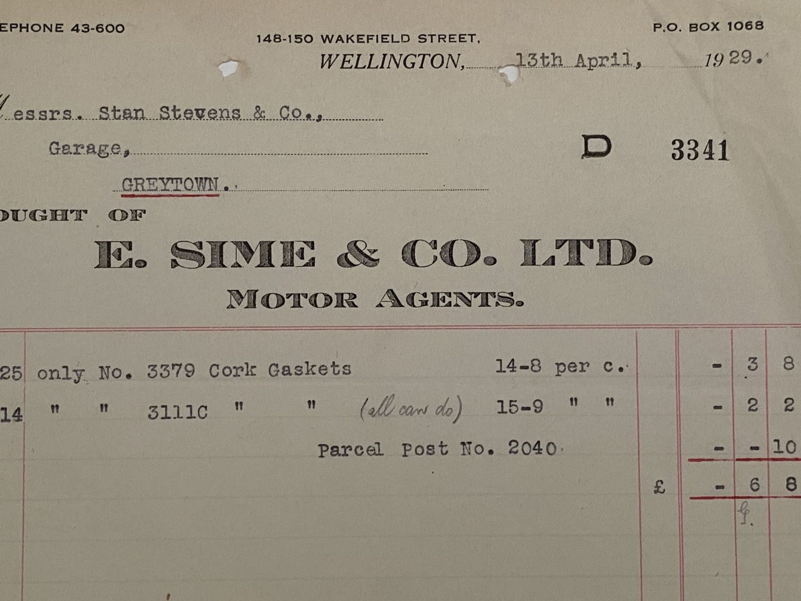 VINTAGE INVOICE: E. Sime & Co. Ltd. Wellington – Motor Agents 1929