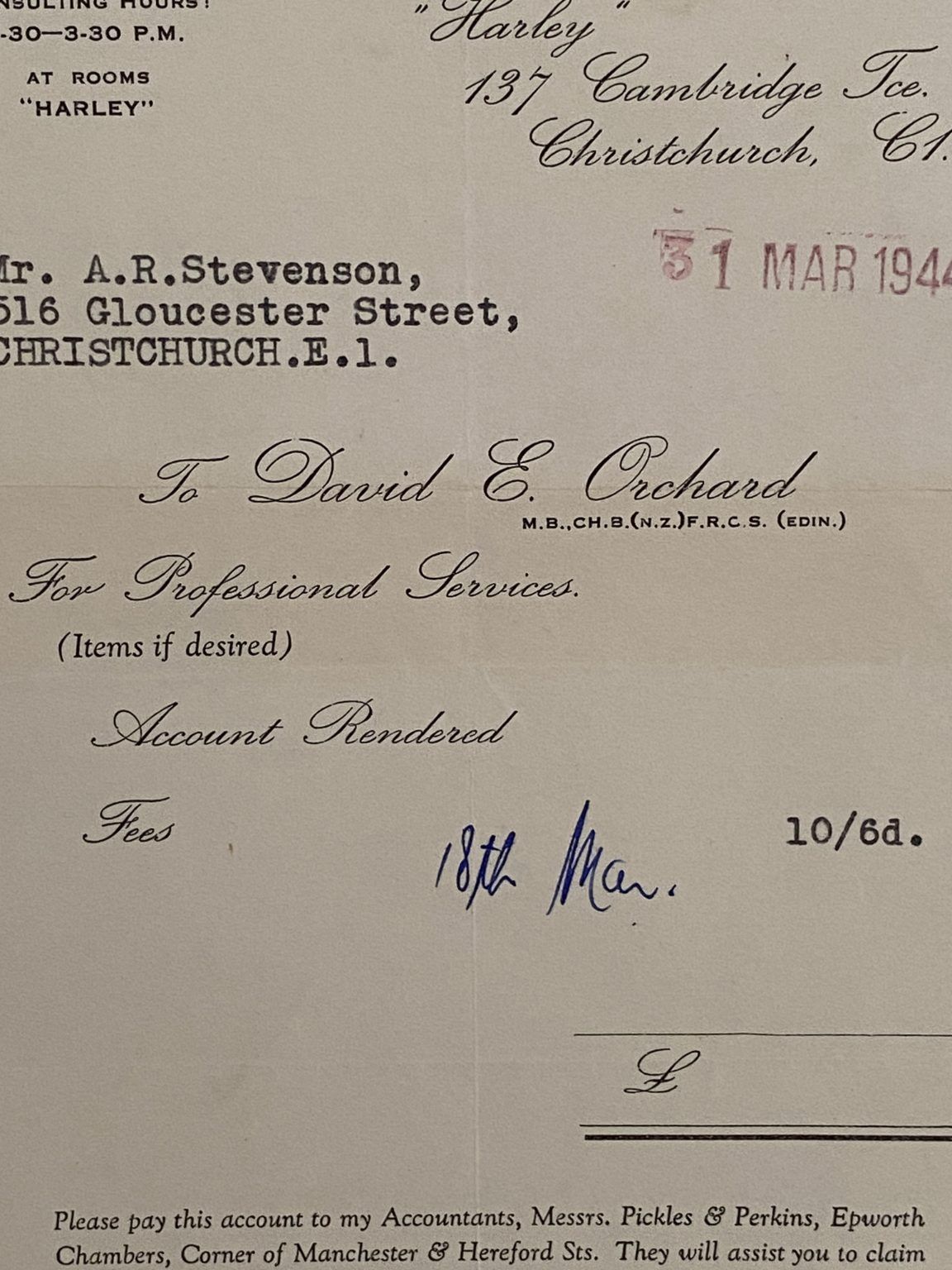 VINTAGE INVOICE: David E. Orchard, Christchurch 1944