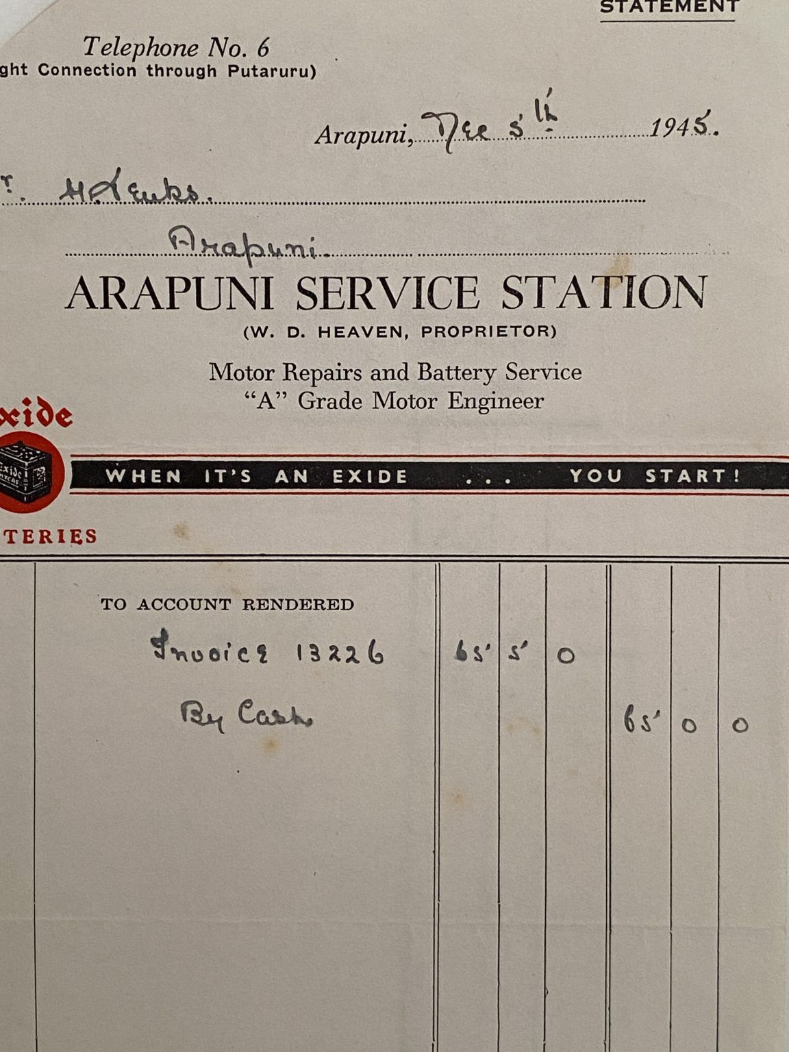 VINTAGE INVOICE: Arapuni Service Station, Arapuni - Motor Repairs 1945