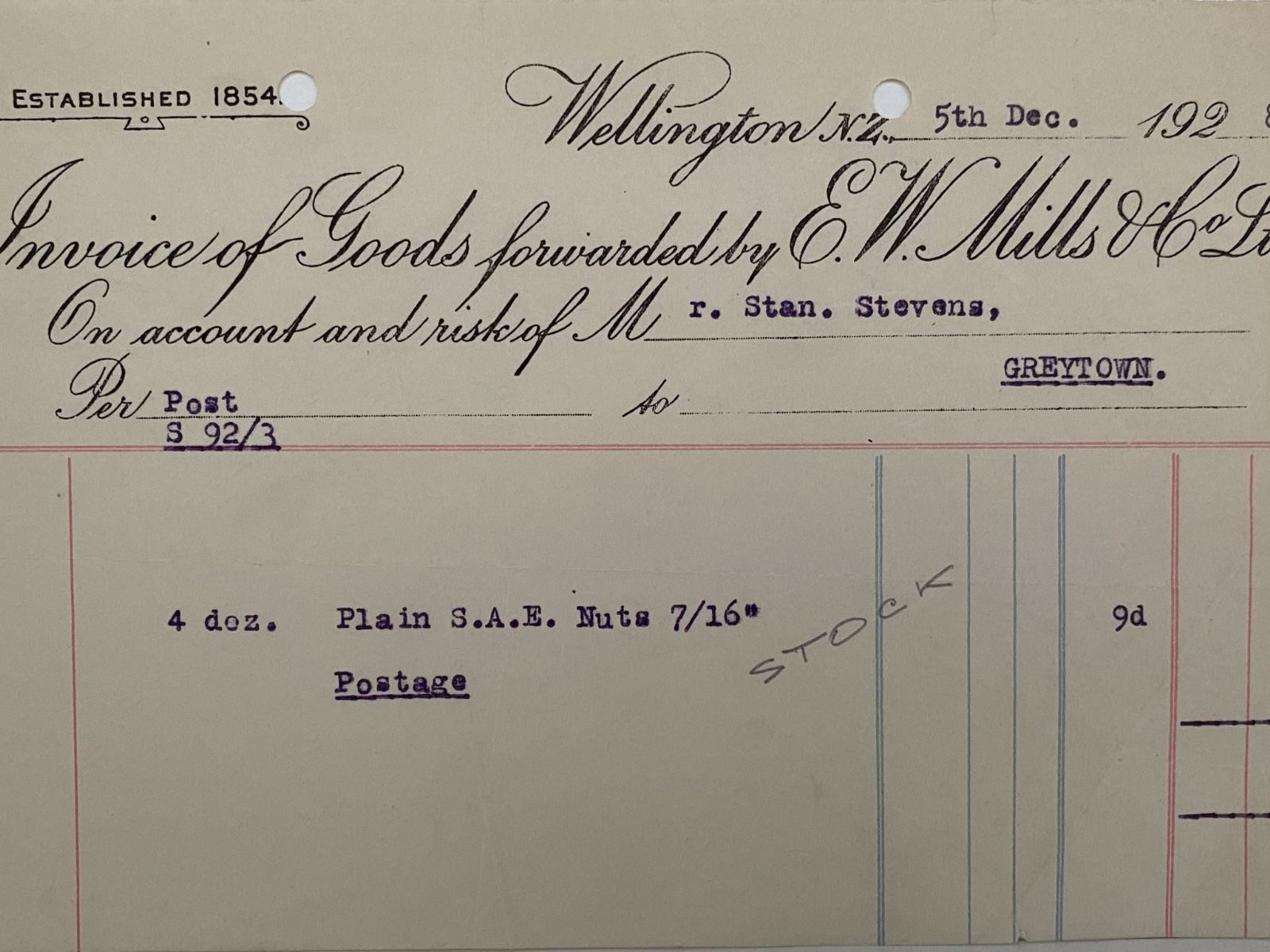 VINTAGE INVOICE / RECEIPT: E. W. Mills & Co. Ltd, Wellington 1928