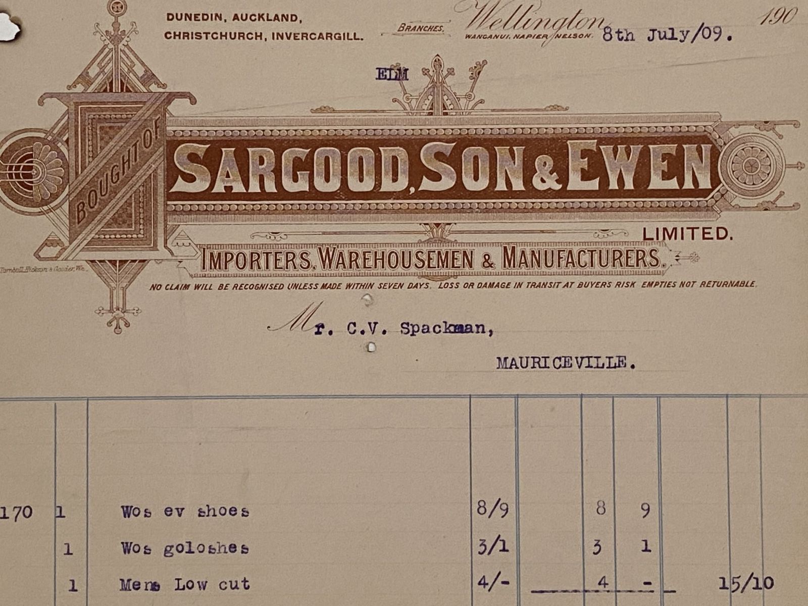 VINTAGE INVOICE: Sargood, Son & Ewen, Wellington 1934