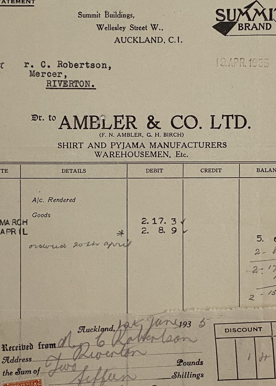 VINTAGE INVOICE / RECEIPT: Ambler & Co. Ltd, Auckland - Shirts & Pajamas 1935