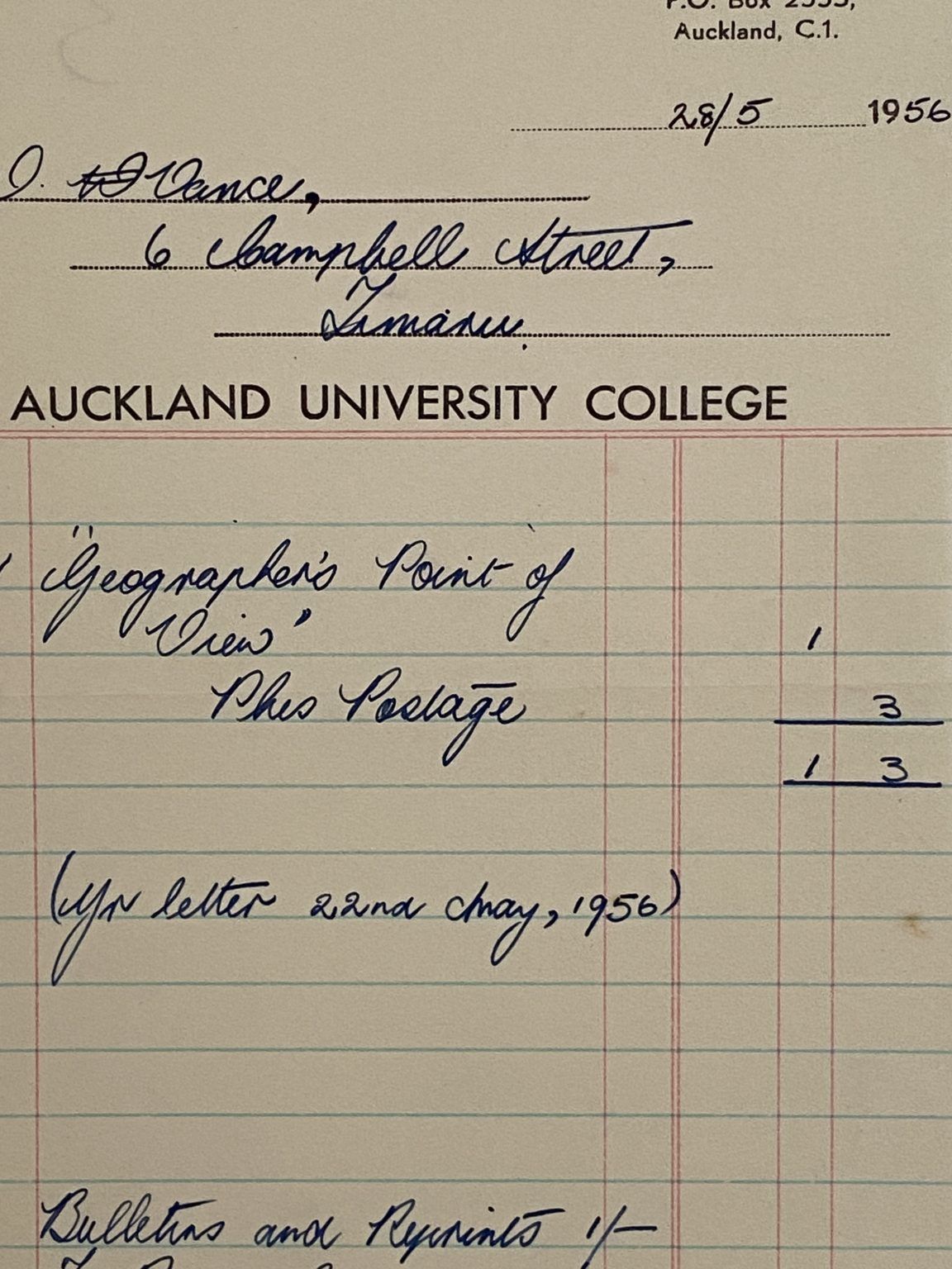 VINTAGE INVOICE / RECEIPT: Auckland University College 1956