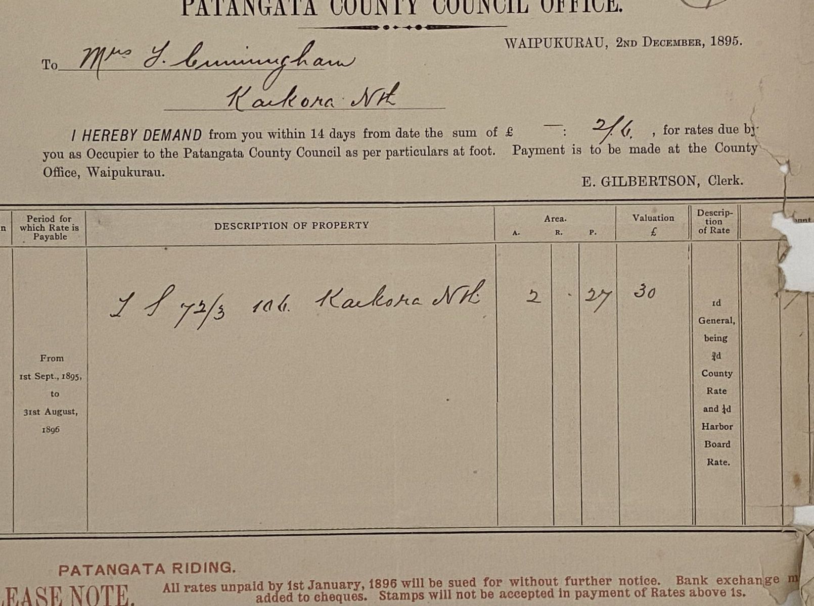 ANTIQUE RATES DEMAND: Patangata County Council Office, Waipukurau 1895