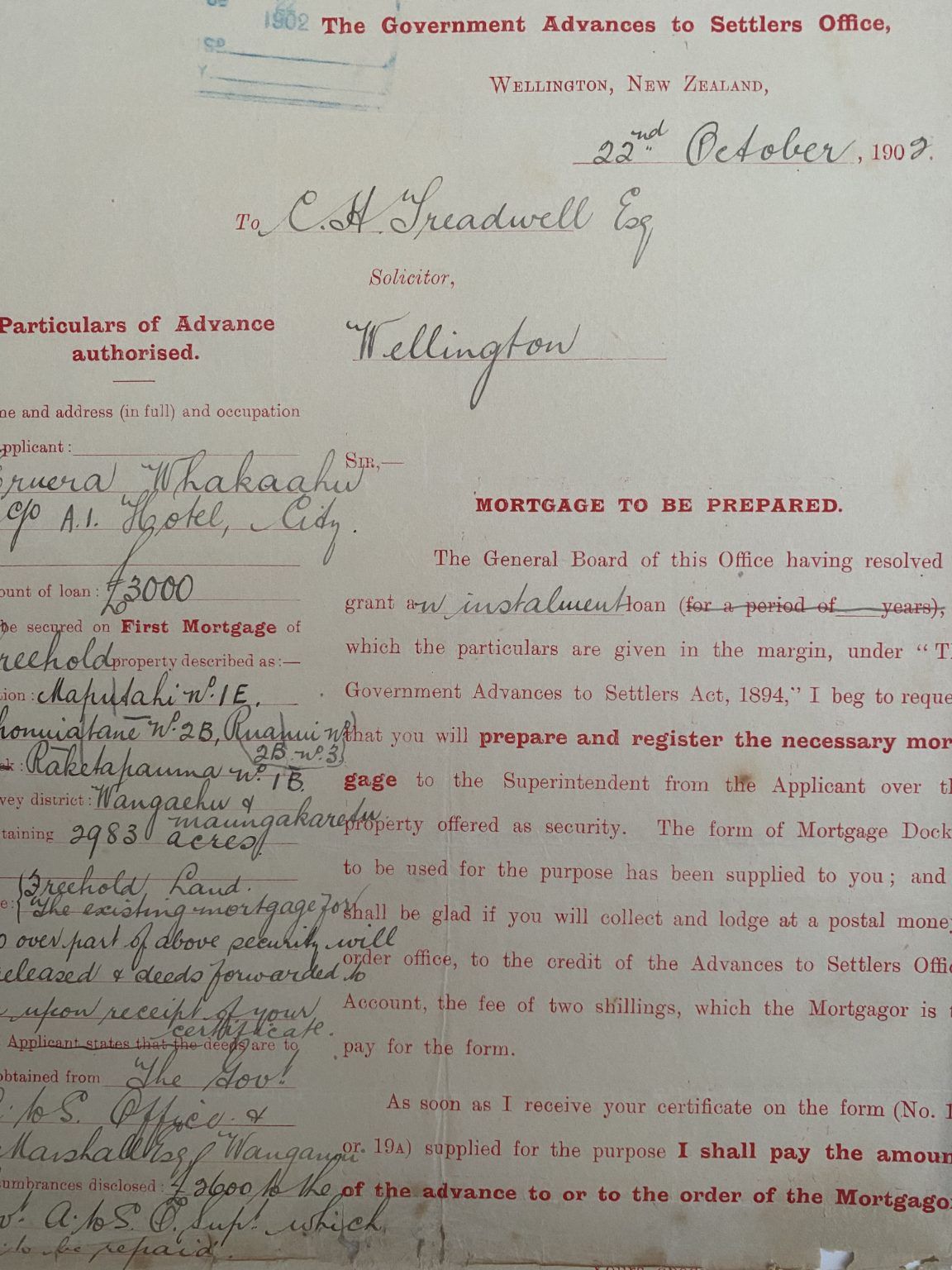 ANTIQUE MORTGAGE: The Government Advances To Settlers Office, Wellington 1902