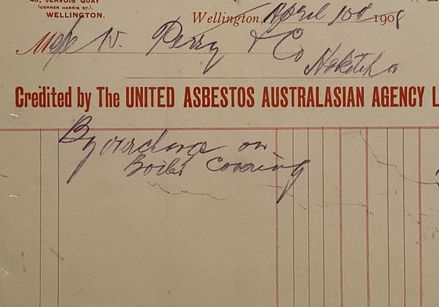 ANTIQUE INVOICE: The United Asbestos Australasian Agency Ld. Wellington 1908