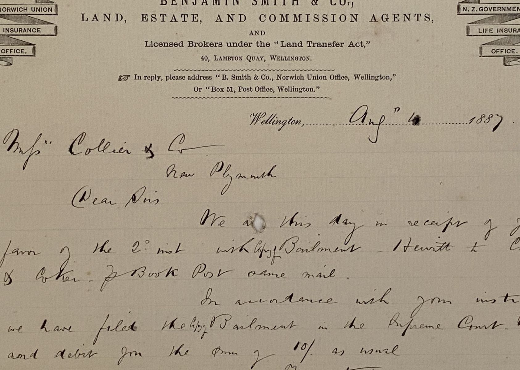 ANTIQUE LETTERHEAD: Benjamin Smith & Co, Wellington – Land, Estate Agents 1887