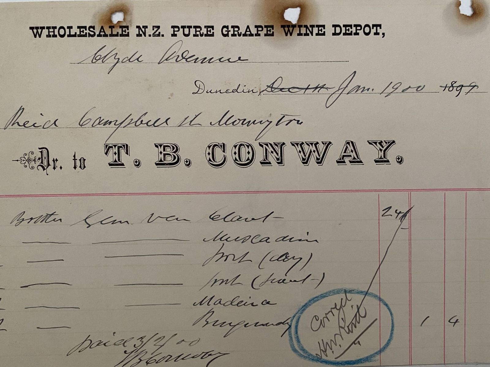 ANTIQUE INVOICE: T. B. Conway, Dunedin – N.Z. Pure Grape Wine Depot 1900