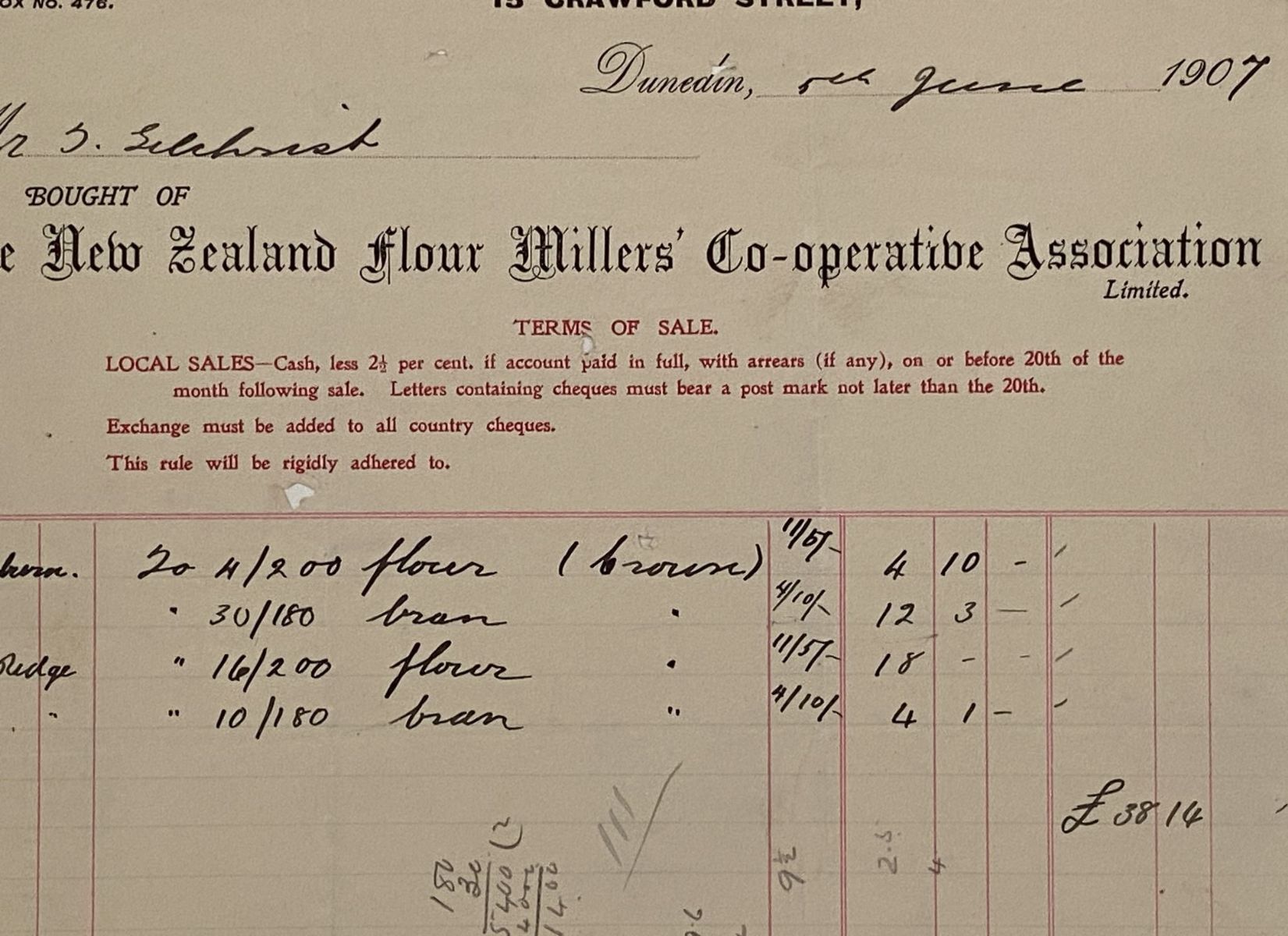 ANTIQUE INVOICE: The New Zealand Flour Millers Co-operative Association 1907