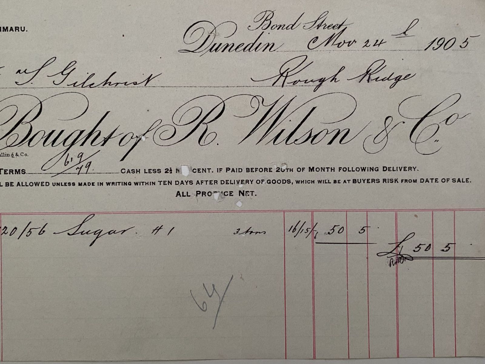 ANTIQUE INVOICE: R. Wilson & Co. Dunedin 1905