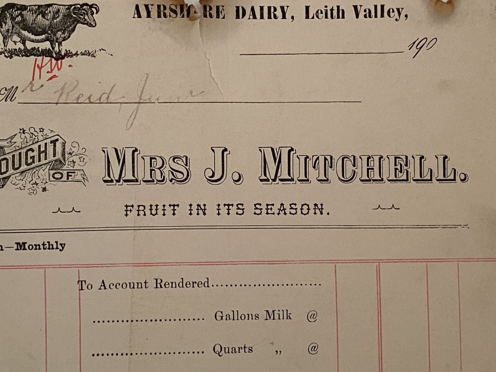 ANTIQUE INVOICE: Mrs J. Mitchell - Ayrshire Dairy, Leith Valley 1901