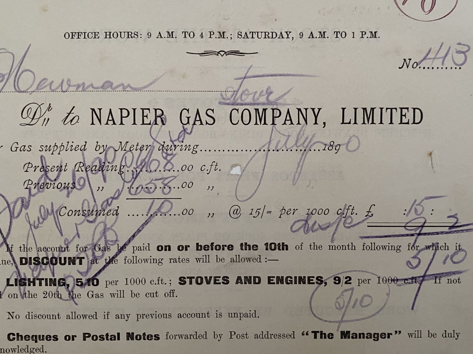 ANTIQUE INVOICE: Napier Gas Company Limited, Napier 1890