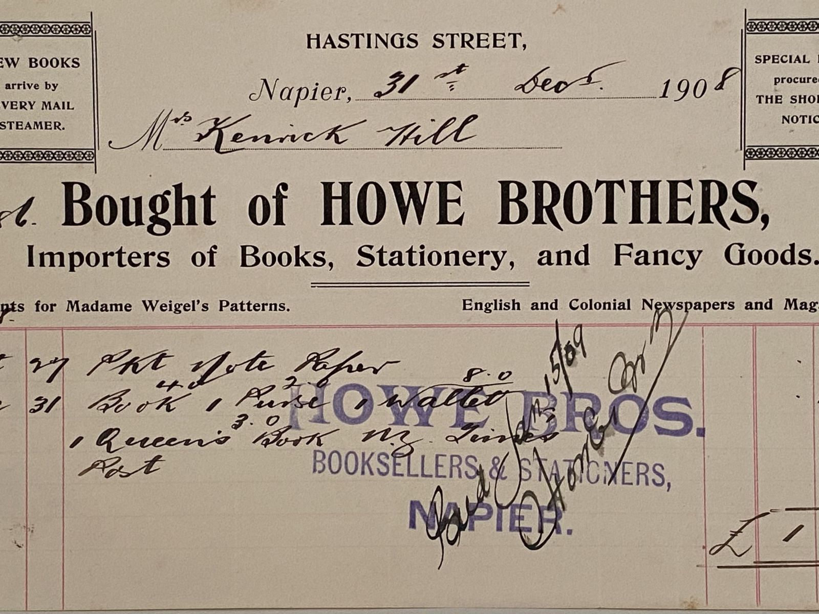 ANTIQUE INVOICE: Howe Brothers, Napier – Importers of Books, Stationery 1908