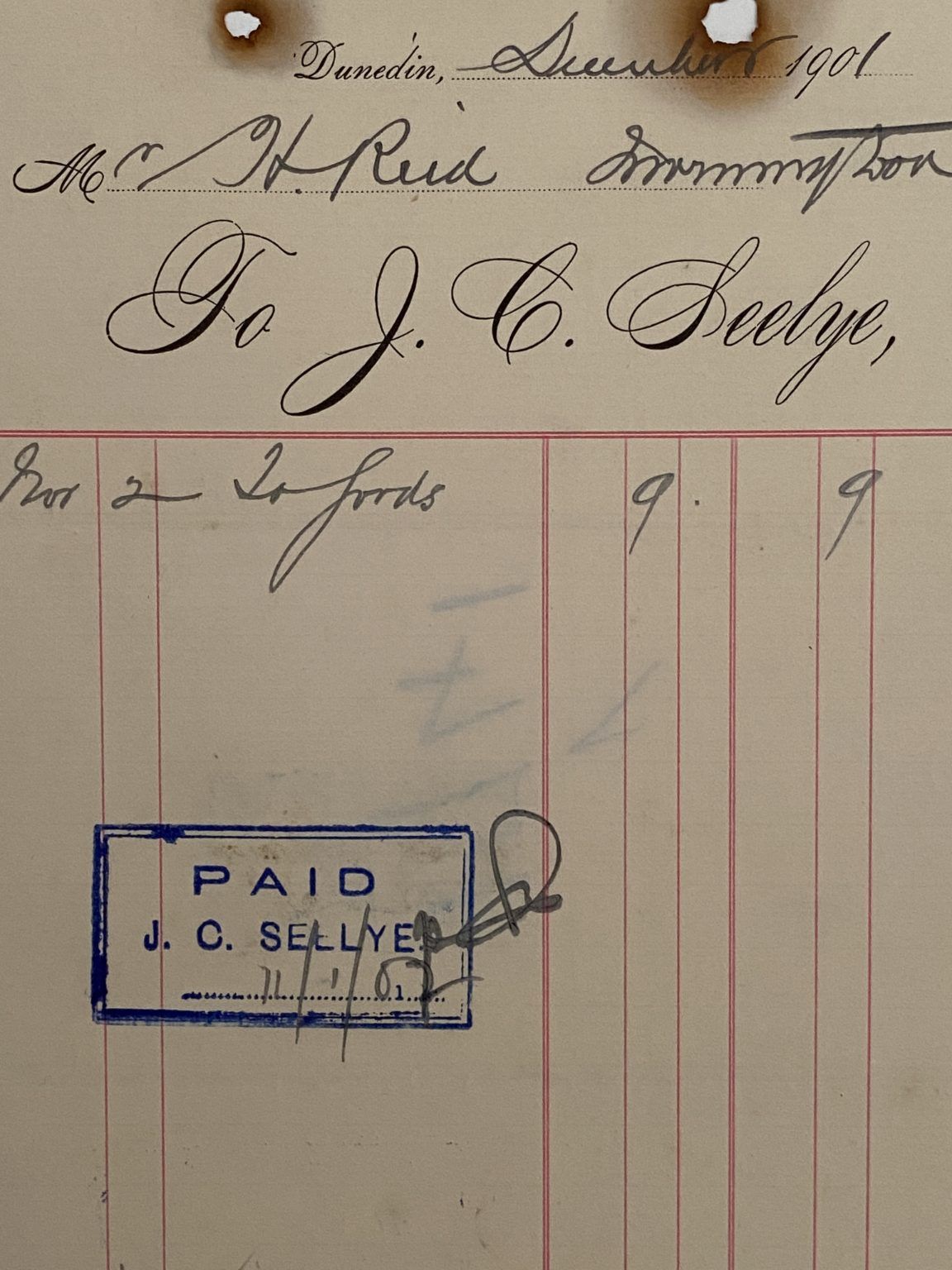 ANTIQUE INVOICE: J. C. Seelye, Dunedin 1901