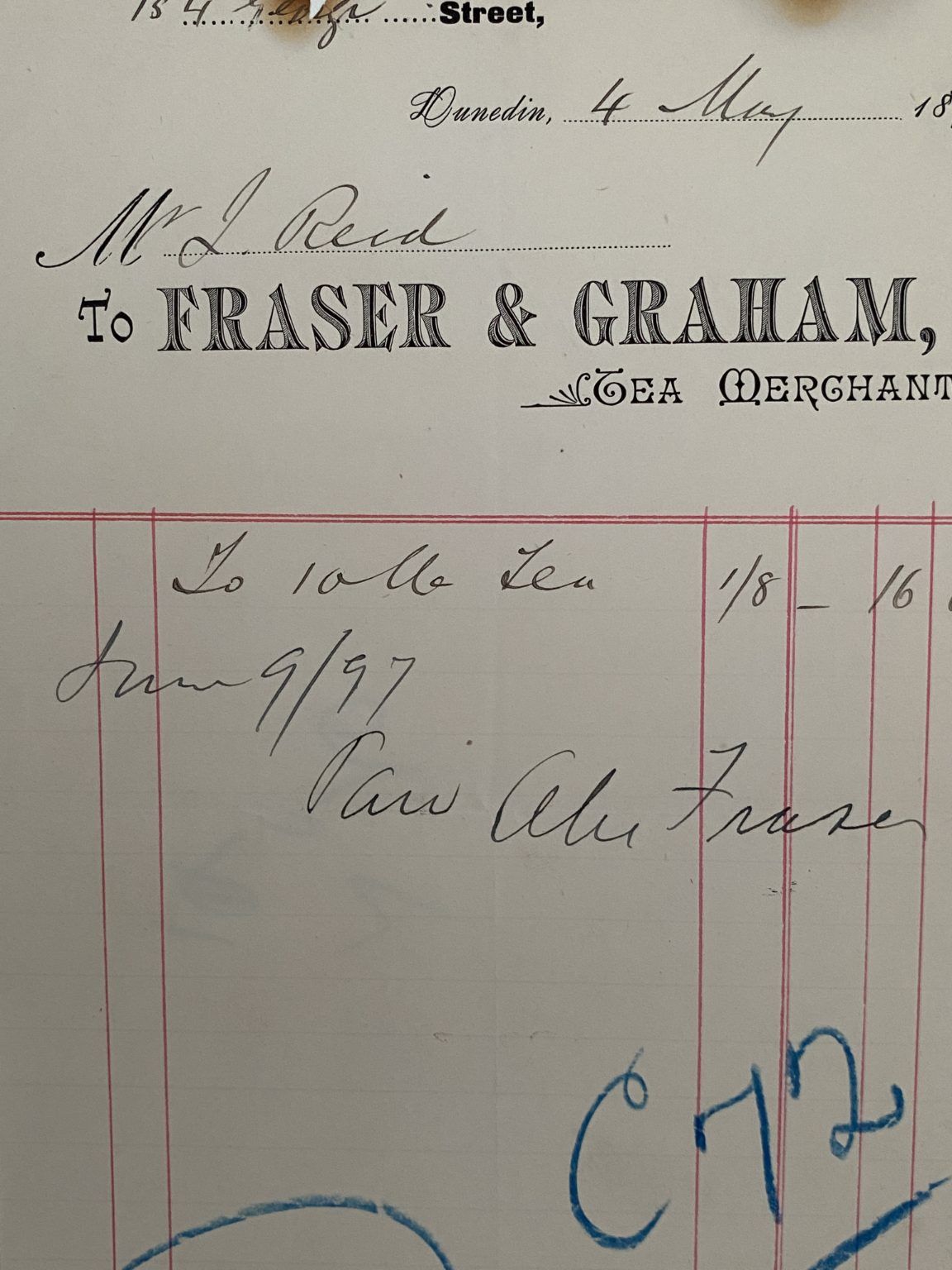 ANTIQUE INVOICE: Fraser & Graham, Dunedin – Tea Merchants 1897