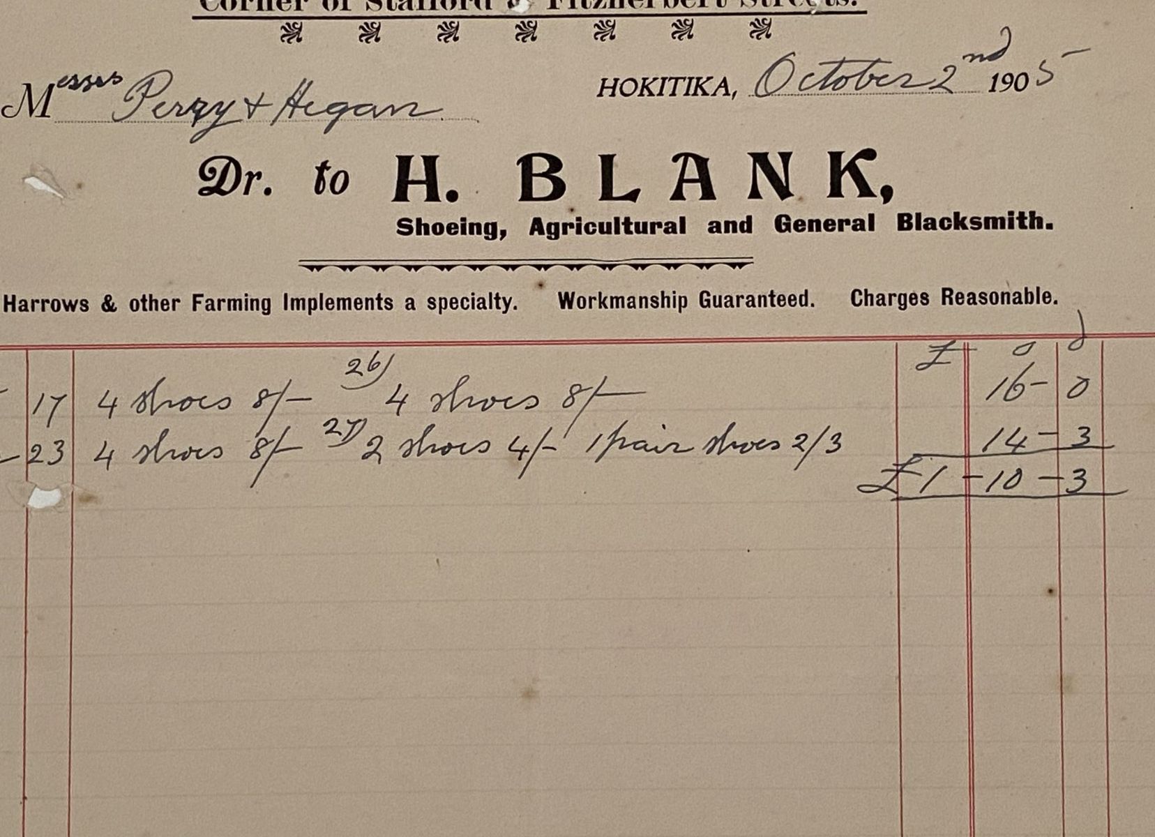 ANTIQUE INVOICE: H. Blank, Hokitika – Shoeing, Agricultural and Blacksmiths 1905