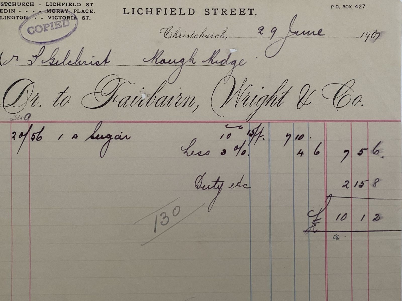 ANTIQUE INVOICE: Fairbairn, Wright & Co. Christchurch 1907