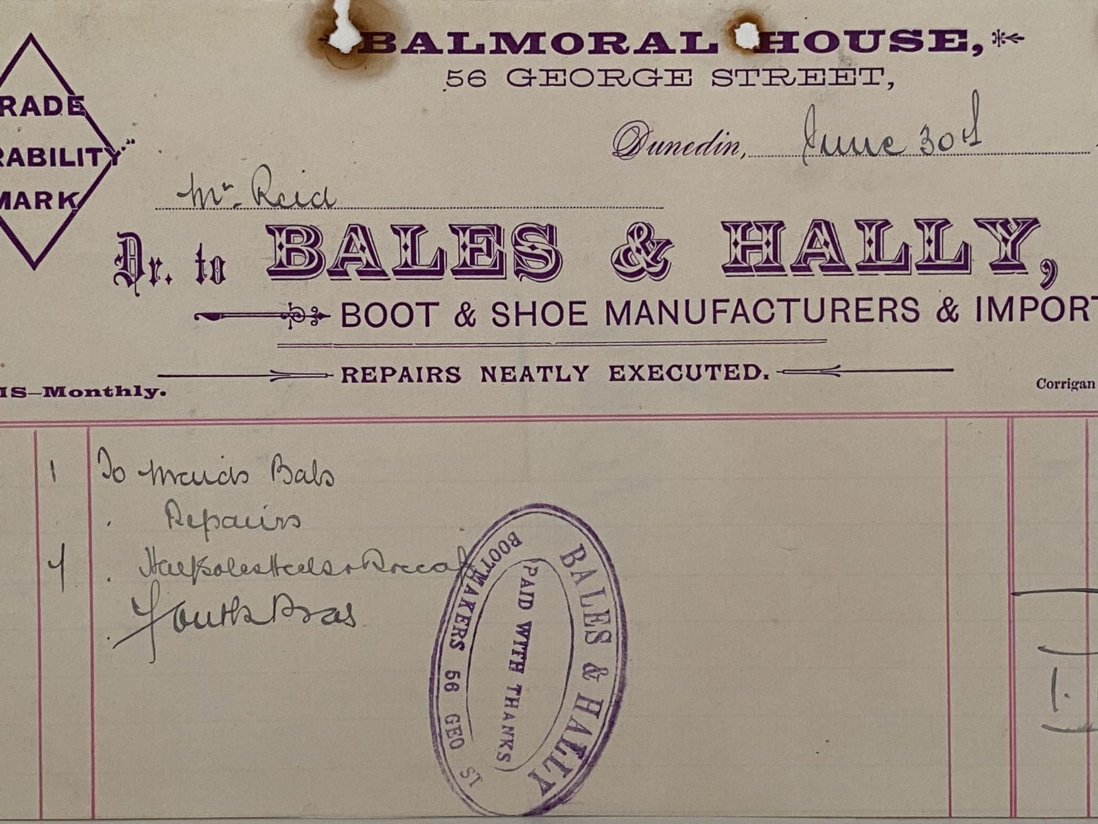 ANTIQUE INVOICE: Bales & Hally, Dunedin - Boot and Shoes 1895