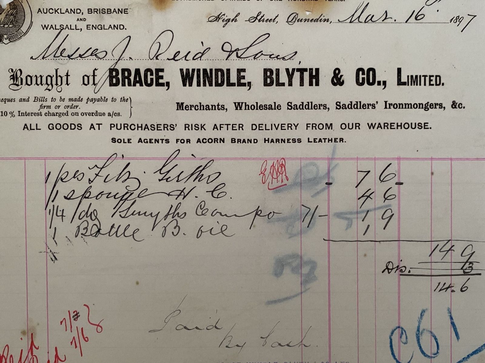 ANTIQUE INVOICE: Brace, Windle, Blyth & Co, Dunedin – Saddlers 1897