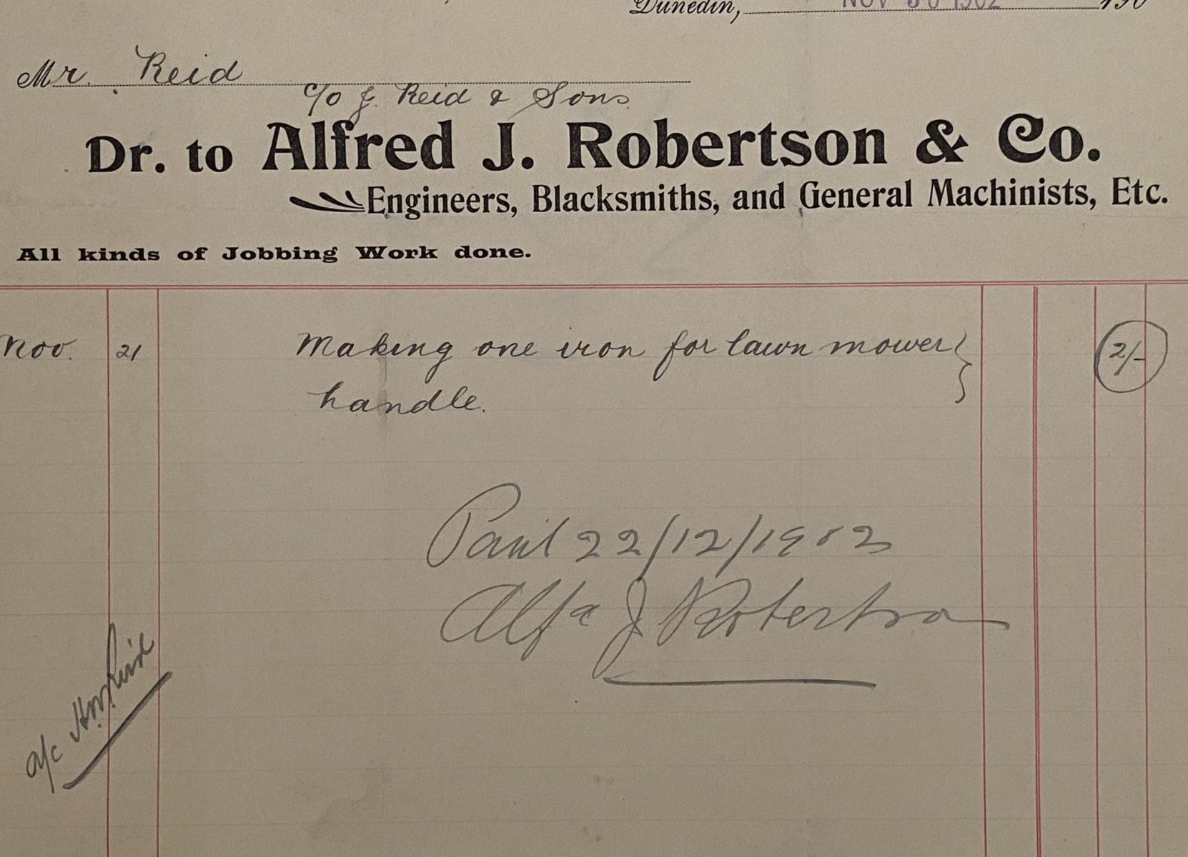 ANTIQUE INVOICE: Alfred J. Robertson & Co. Dunedin – Engineers, Blacksmiths 1902