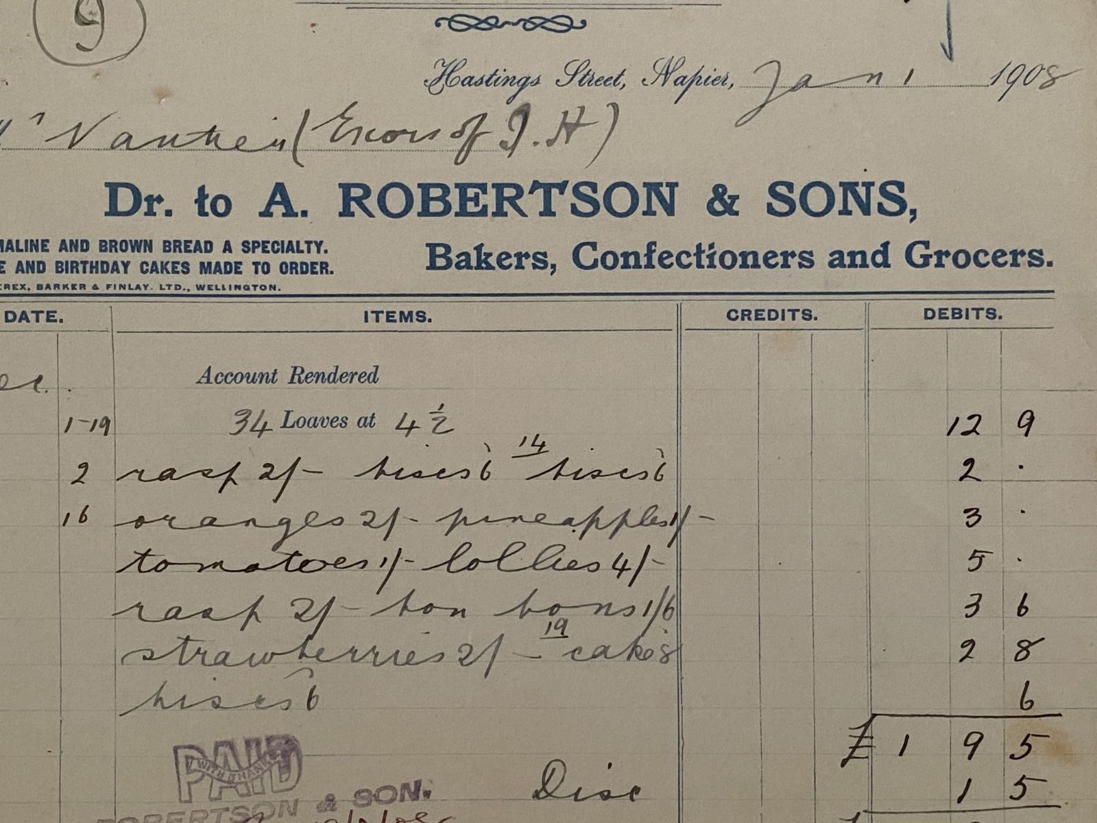 ANTIQUE INVOICE: A. Robertson & Sons Napier – Bakers, Confectioners, Grocer 1908