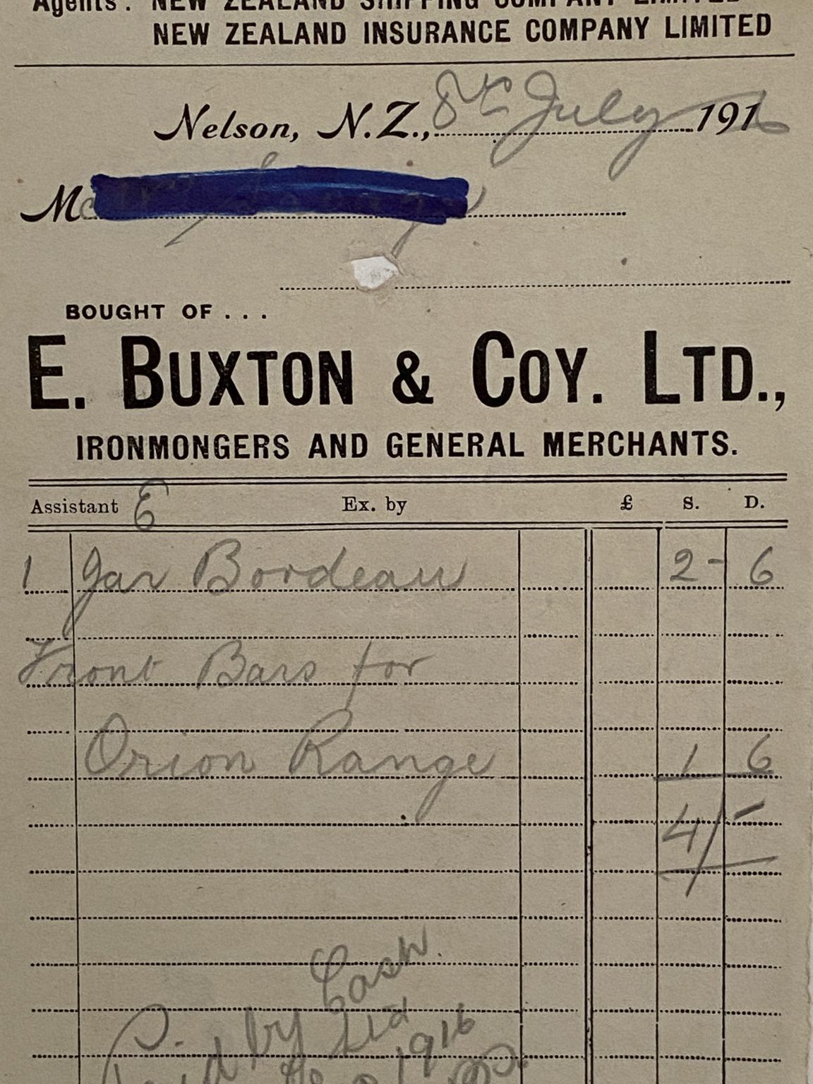 ANTIQUE INVOICE / RECEIPT: E. Buxton &. Coy. Ltd, Nelson - Ironmongers 1913