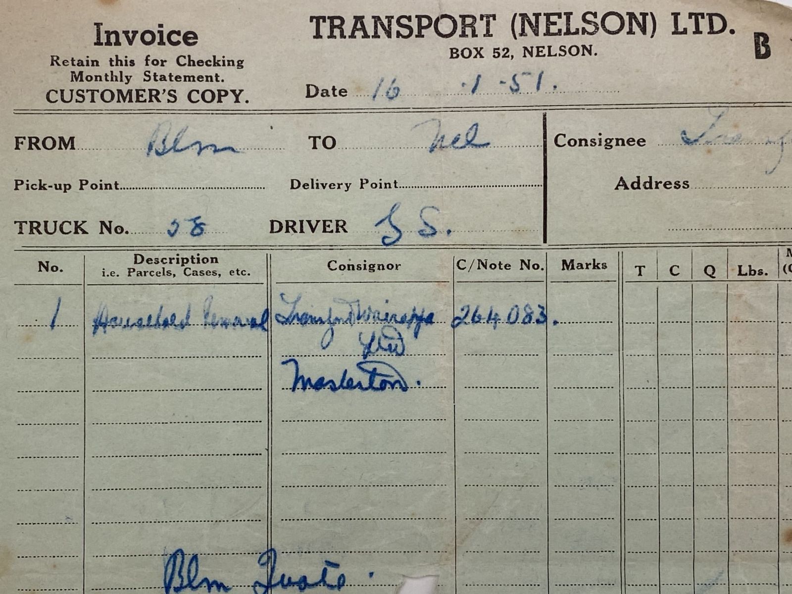 VINTAGE INVOICE: Transport (Nelson) Ltd 1951