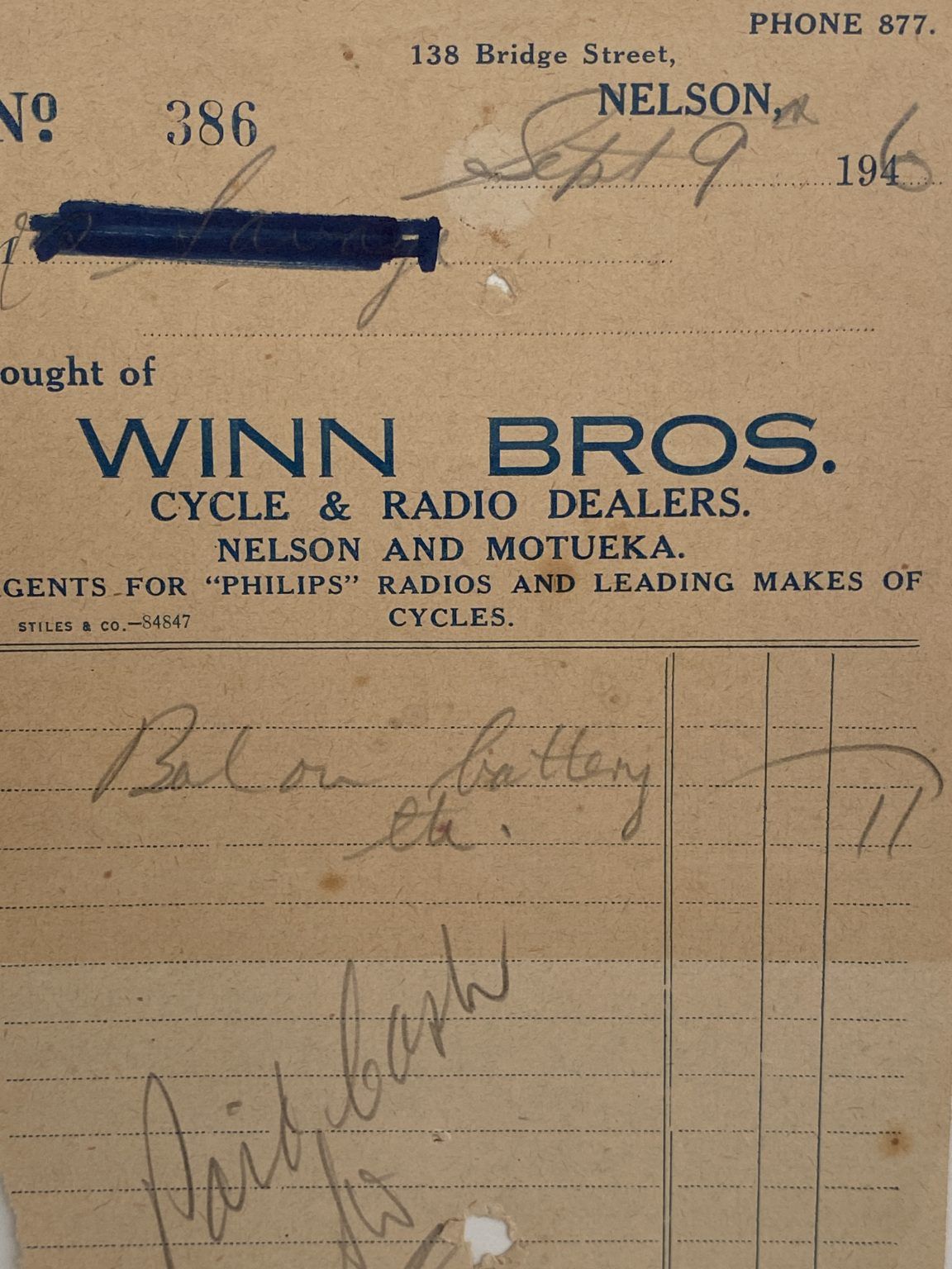 VINTAGE INVOICE: Winn Bros, Nelson - Cycle and Radio Dealers 1946