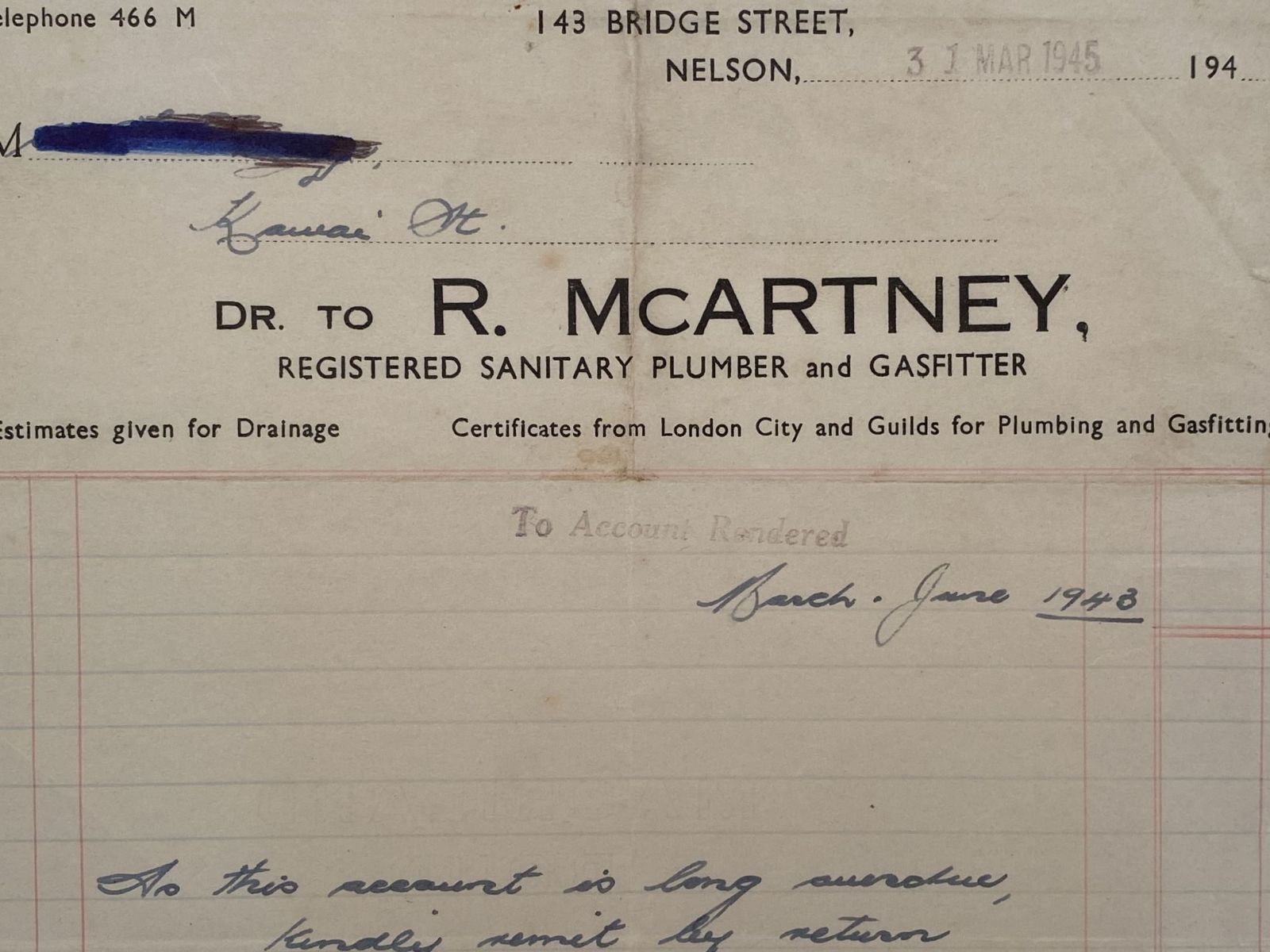 VINTAGE INVOICE: R. McArtney, Nelson - Plumber and Gasfitter 1945