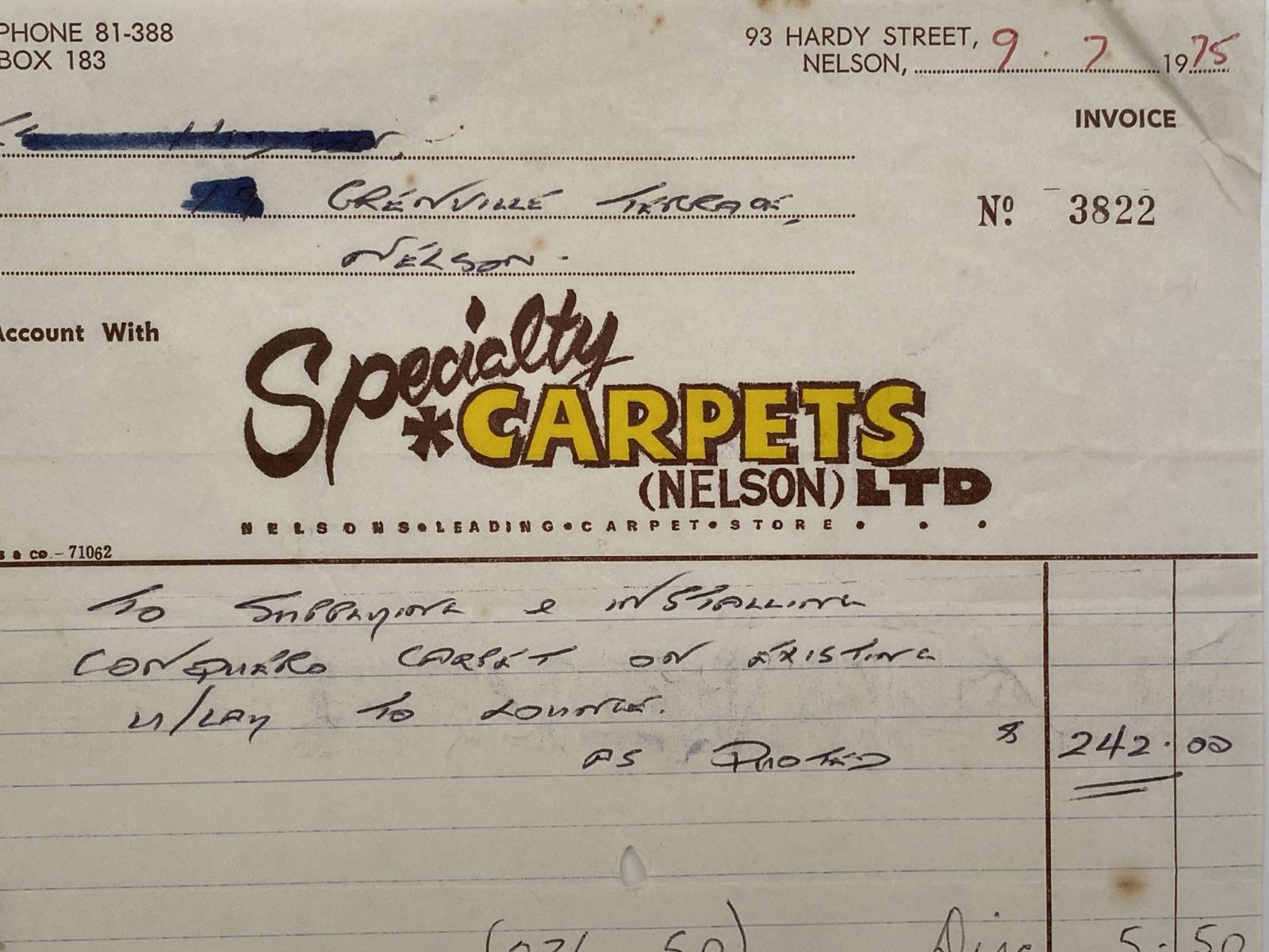 VINTAGE INVOICE: Specialty Carpets (Nelson) Ltd 1975