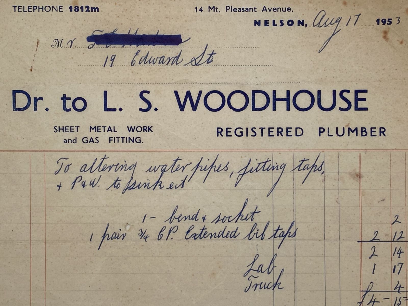 VINTAGE INVOICE: L. S. Woodhouse, Nelson - Registered Plumber 1953