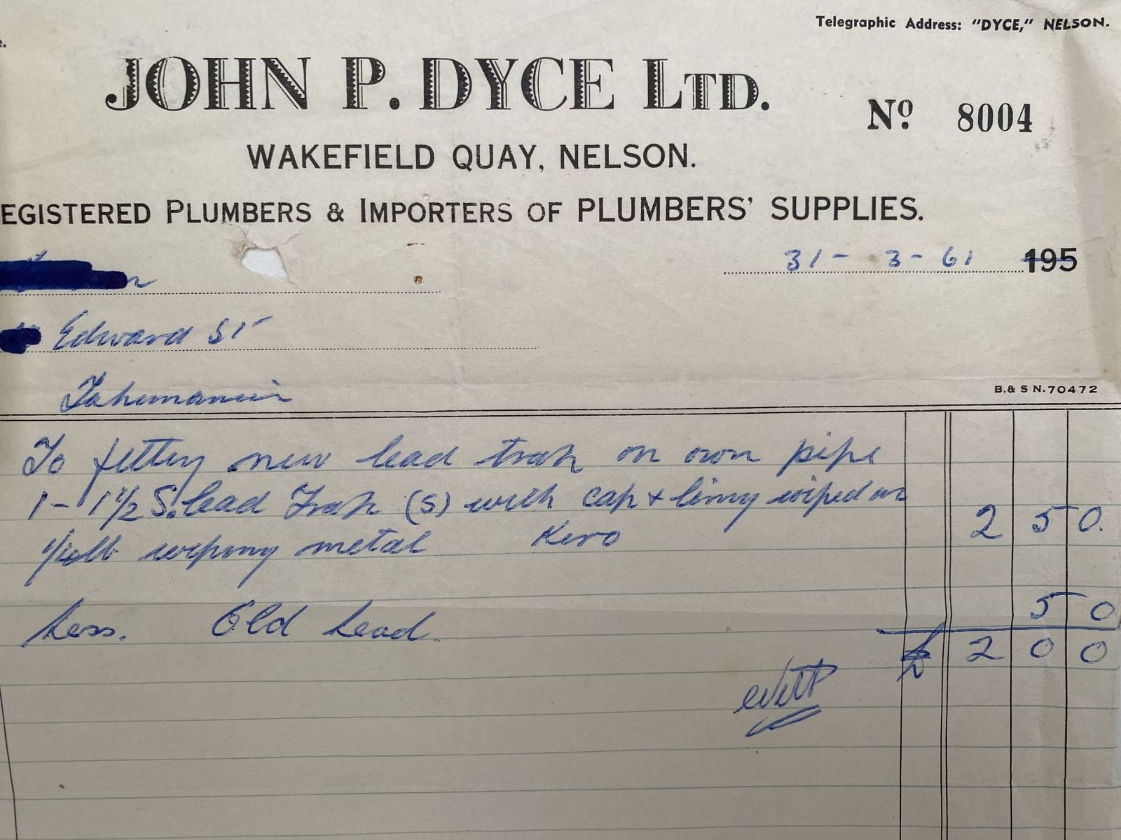 VINTAGE INVOICE: John P. Dyce Ltd, Nelson - Plumbers Suppliers 1961