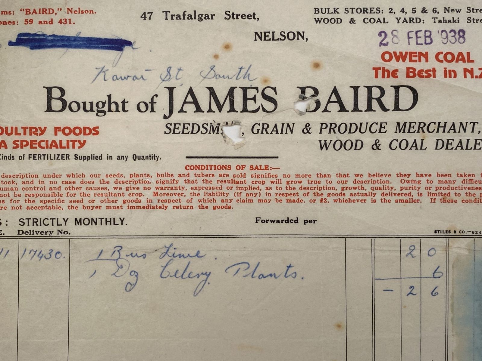 VINTAGE INVOICE: James Baird, Nelson - Seedsman, Grain & Produce 1938