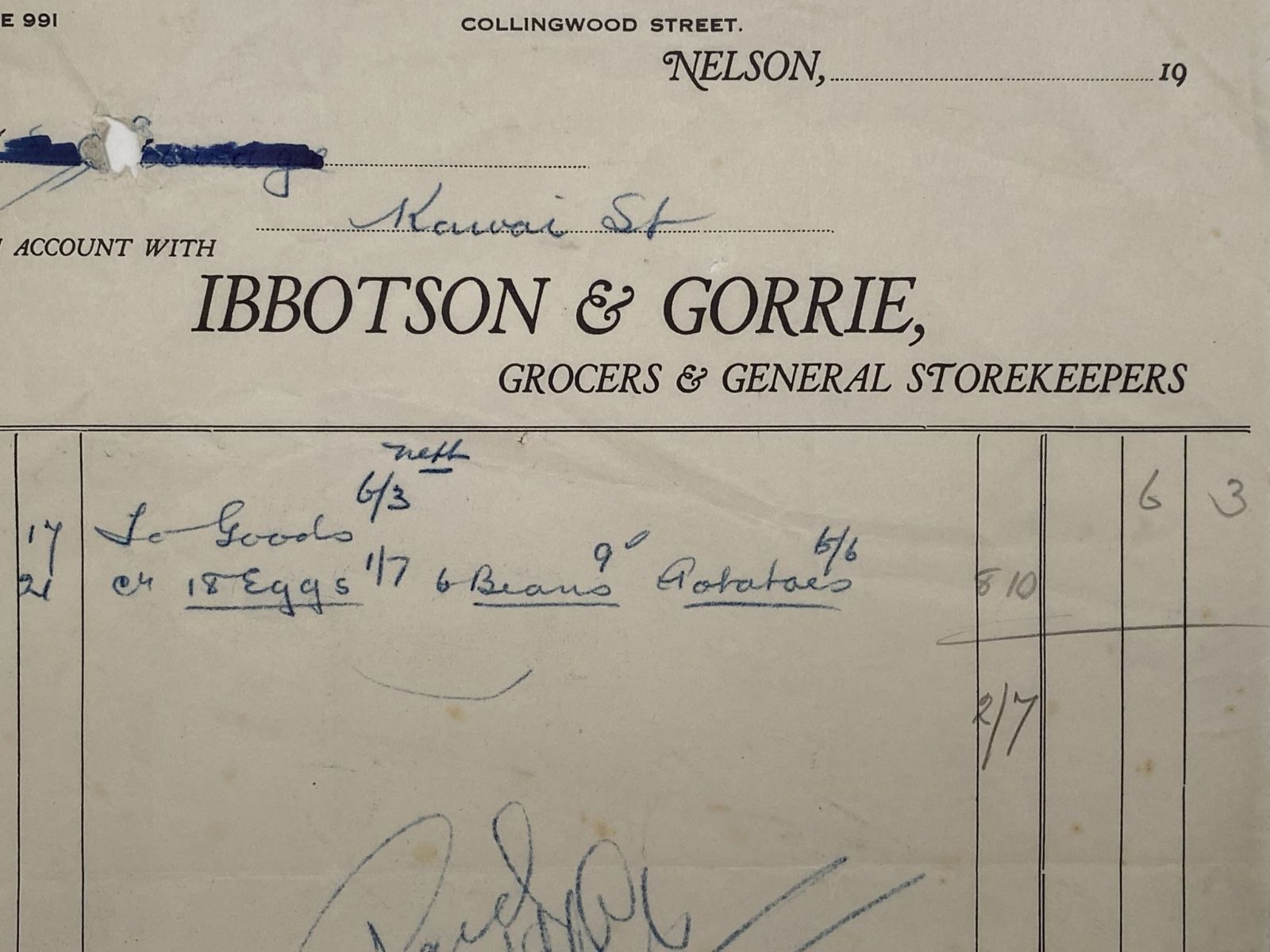 VINTAGE INVOICE: Ibbotson & Gorrie, Nelson - Grocers and Storekeepers