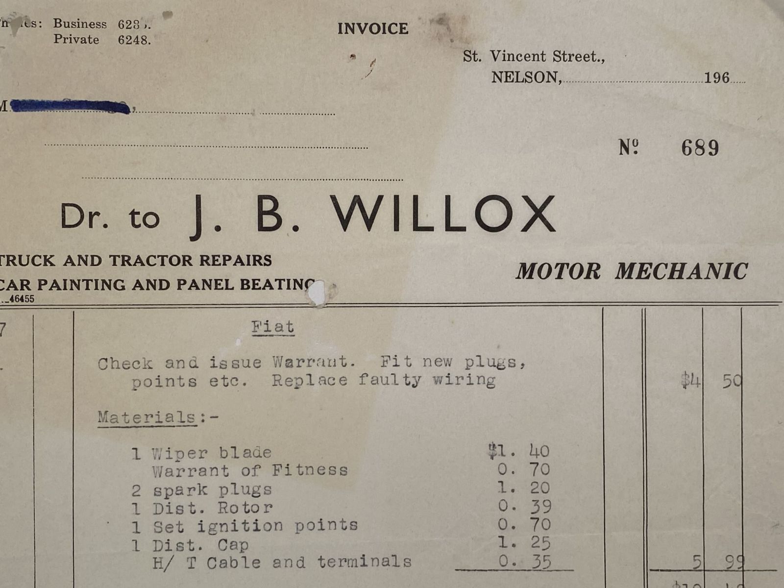 VINTAGE INVOICE: J. B. Willox, Nelson - Motor Mechanic 1967