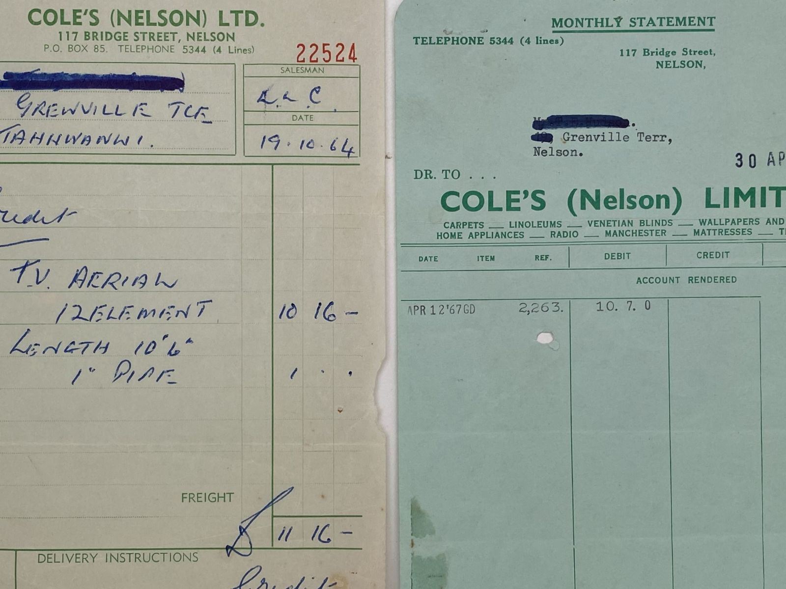 VINTAGE INVOICE: G. A. Coles (Nelson) Ltd 1964