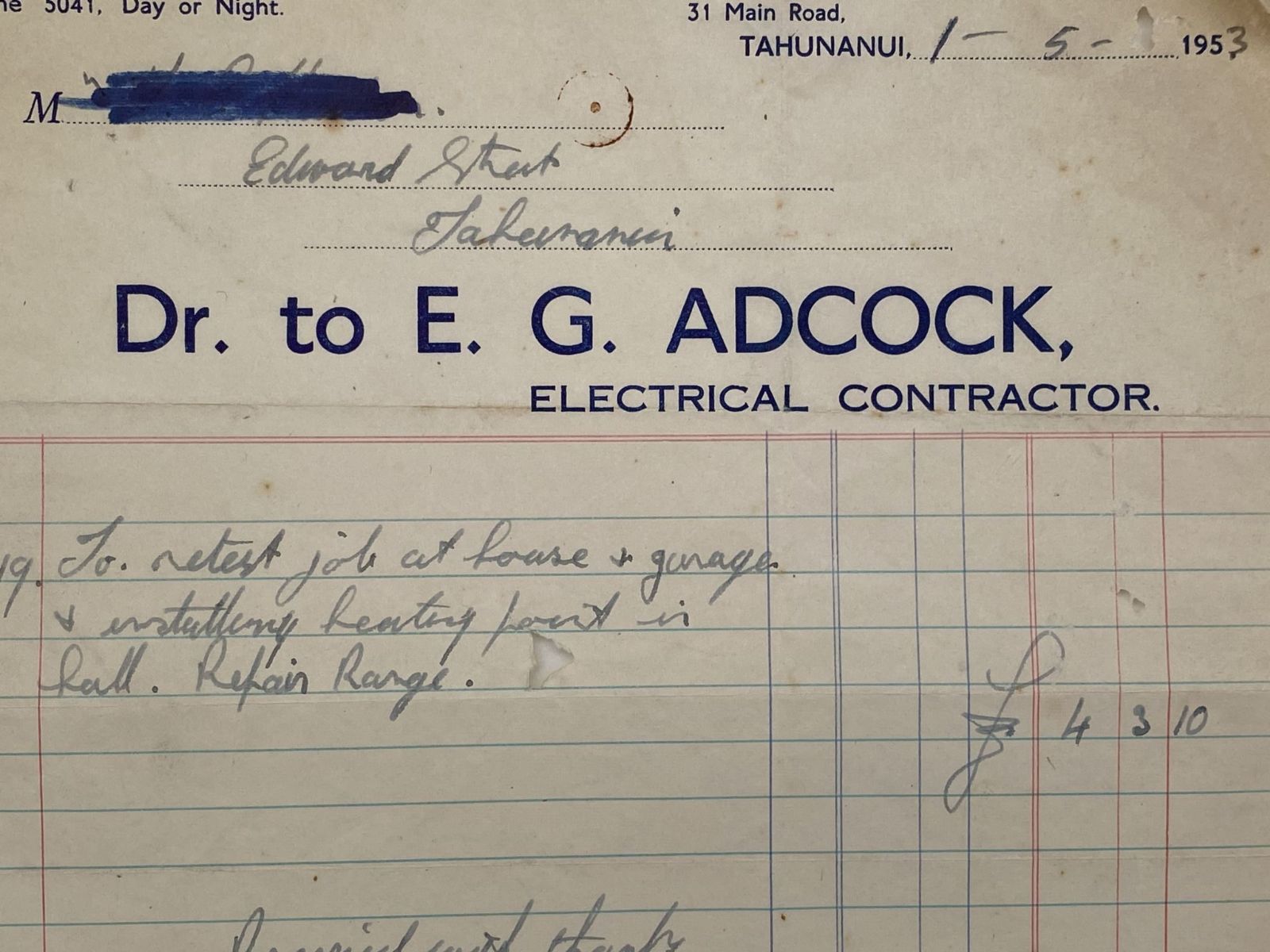 VINTAGE INVOICE: E. G. Adcock, Tahunanui - Electrical Contractor 1953