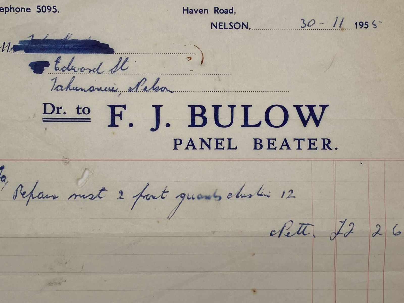 VINTAGE INVOICE: F. J. Bulow Panel Beater; Nelson 1955