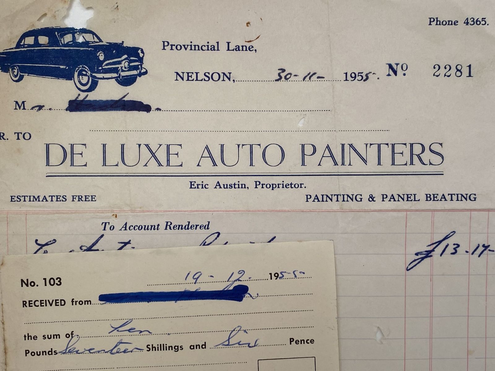 VINTAGE INVOICE: De Luxe Auto Painters, Nelson - Painting & Panel Beaters 1955