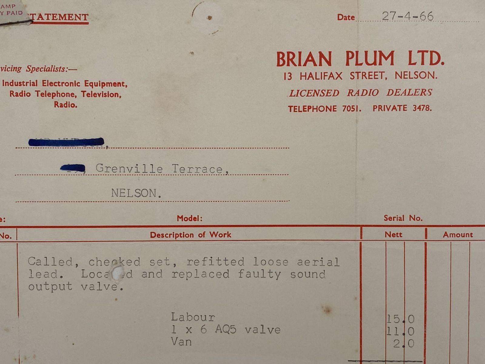 VINTAGE INVOICE: Brian Plum Ltd, Nelson - Licensed Radio Dealers 1966